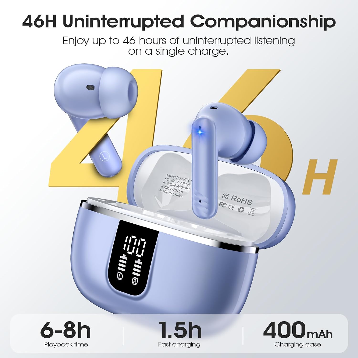 Wireless Earbuds, Bluetooth 5.4 Headphones with 4 Noise Cancelling Mic, 46H In-Ear Buds with 3D Bass Stereo, Small Ears, LED Display, Calls Sports Workout, IPX7 Earphones for Android iOS. Light Blue image 6