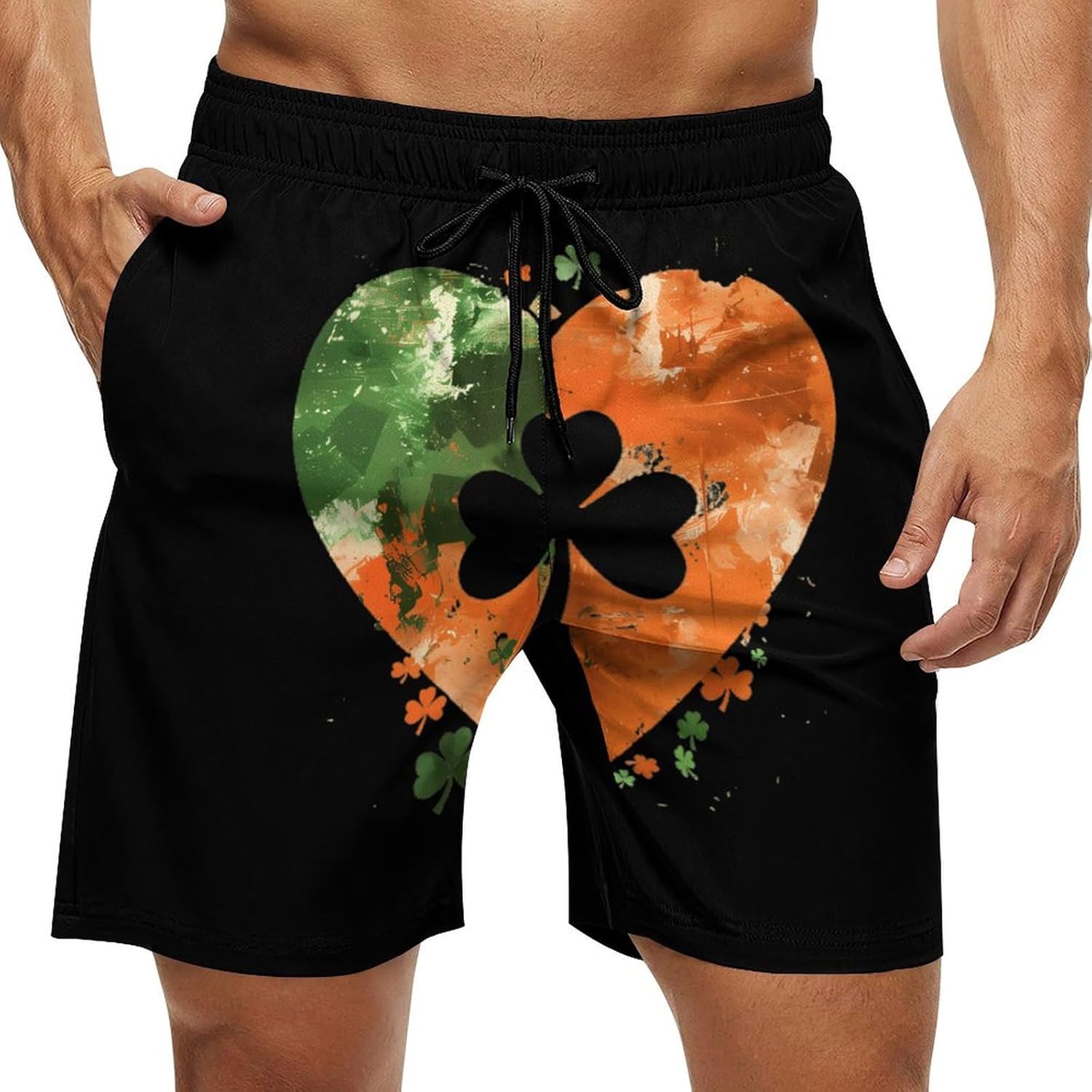 St. Patricks Shamrock_ Ireland Flag Clover Heart Casual Men's Swim Trunks Novelty Summer Beach Shorts Swimwear with Pocket