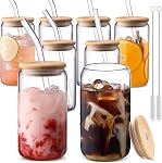 Iced Coffee Cups,Glass Cups with Lids and Straws 4 pcs,Smoothie Cups,16 oz Glass Tumbler with Straw and Lid-Beer Glasses Drinking Set,Clear Cups as Coffee Bar Accessories Gifts Must Haves