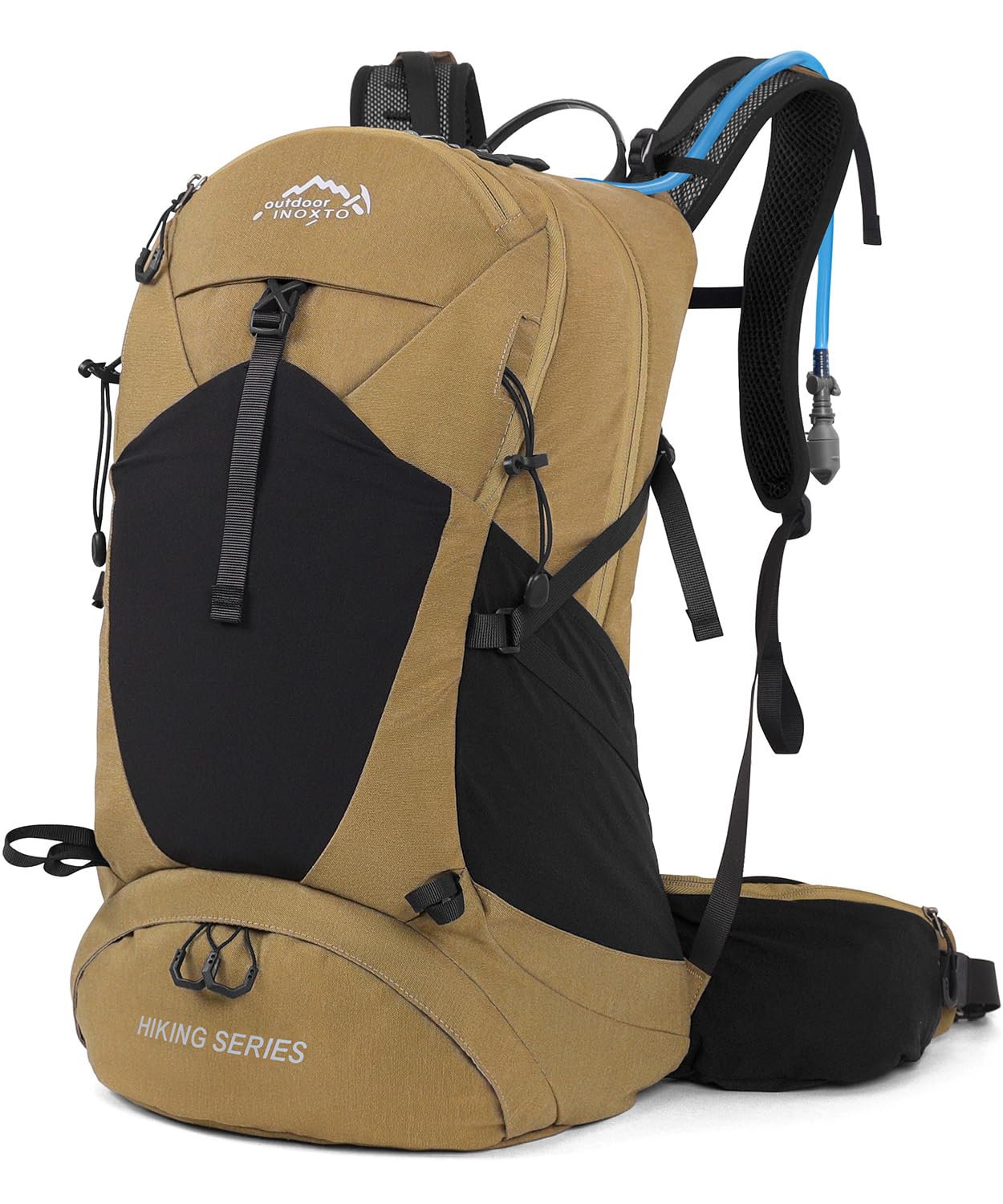 INOXTO Wanderrucksack 25L, mit 3L Wasserbeutel leichter Wanderrucksack mit Regenschutz für Bergsteigen, Wandern, Camping, OutdoorSportarten für Damen und Herren (Khaki, standard)