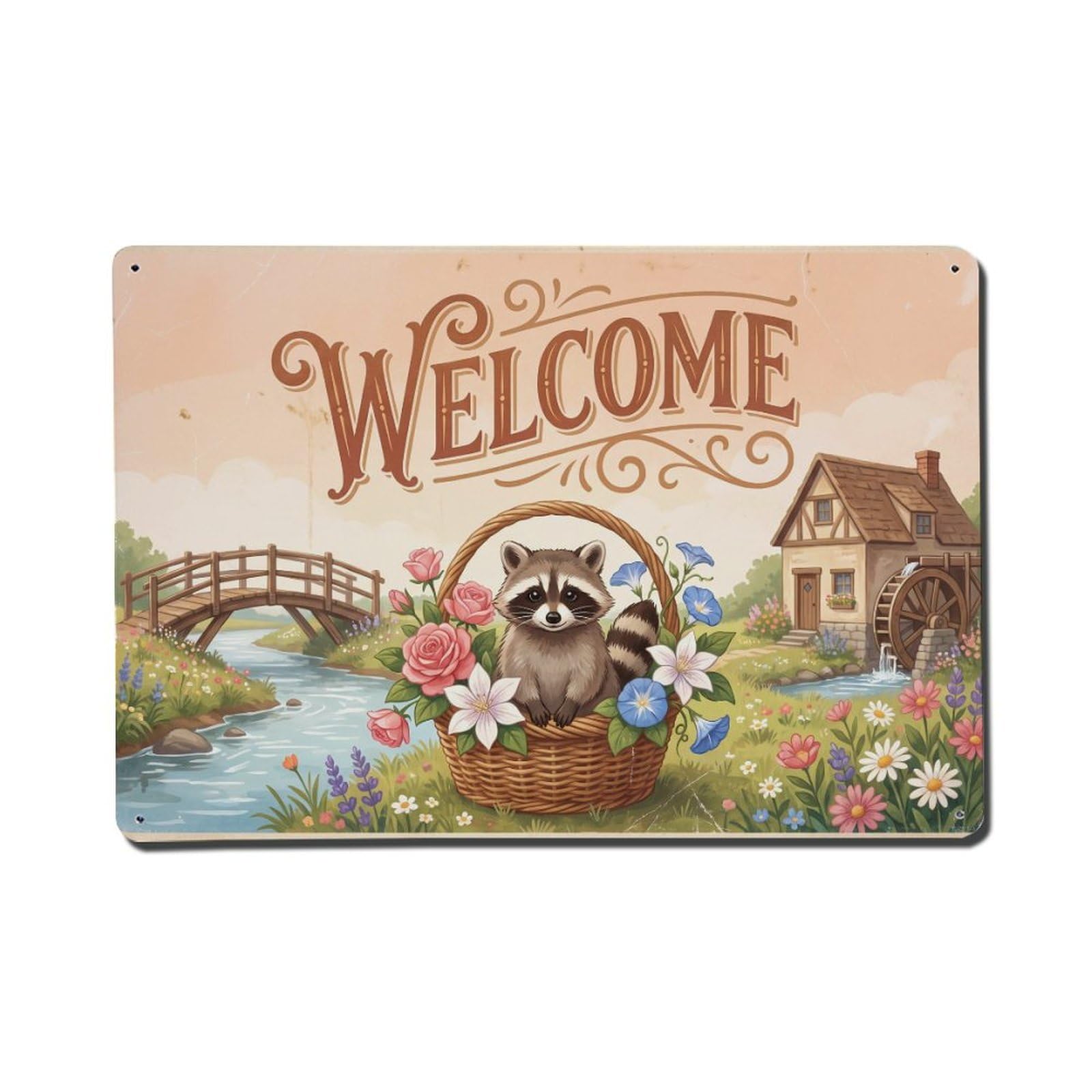 Vintage Welcome Raccoon Morning Dew Metal Tin Sign