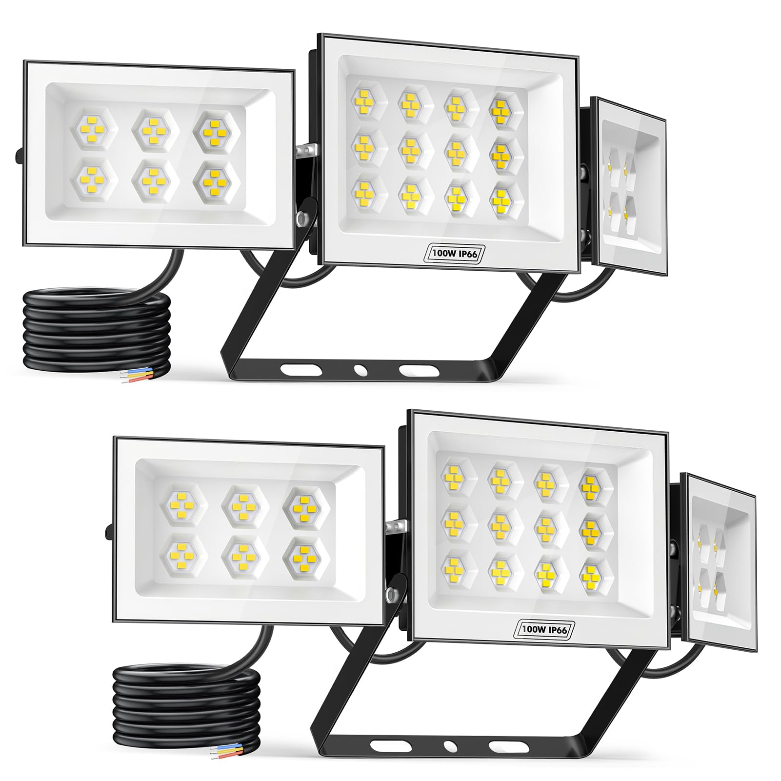 Viugreum LED Floodlight Outdoor 100W 2Pcs, 10000LM Super Bright Led Security Light with 3 Head Adjustable, Daylight White 6500K LED Spotlight, IP66 Waterproof Outdoor Wall Light for Yard Court Street