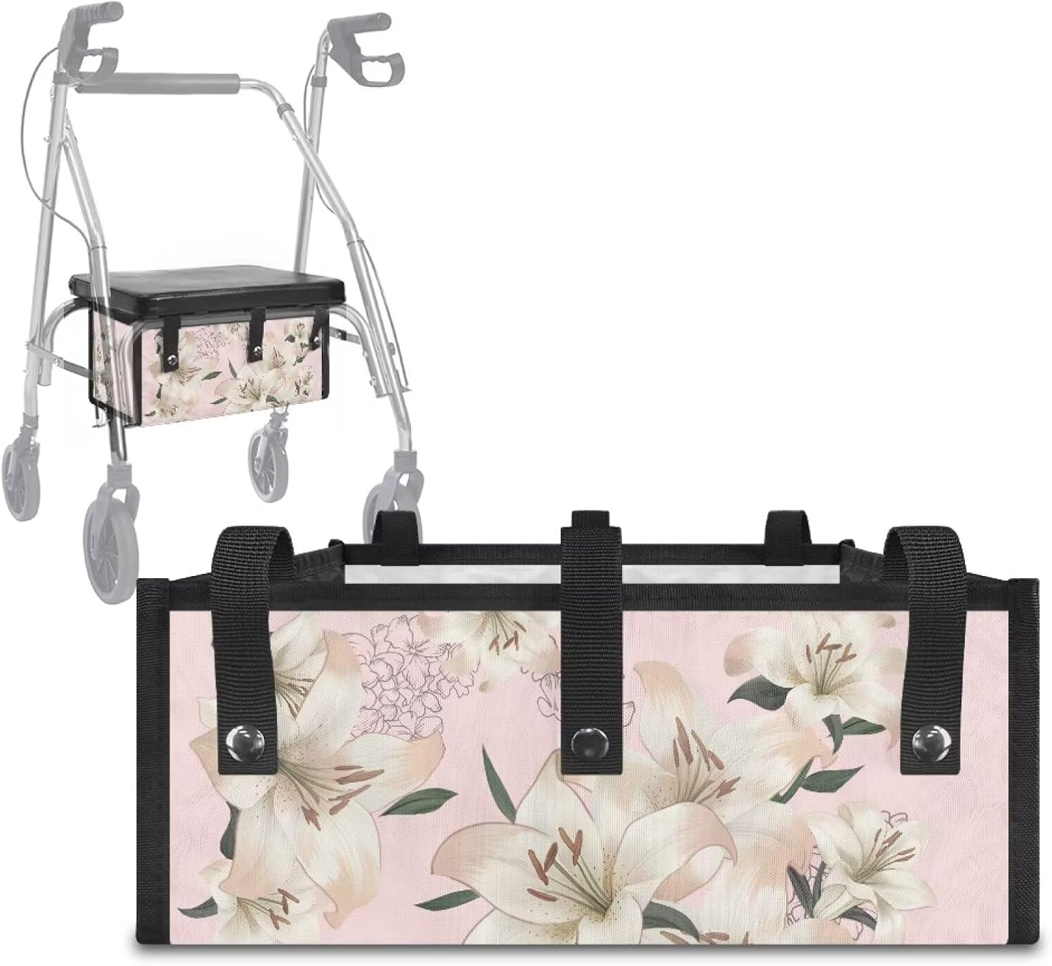 Lily Rollator Walker Bag Underseat Fabric Storage Organizer Adjustable Pouch with Pockets for Seniors Rolling Walker Accessories Under Seat Bag