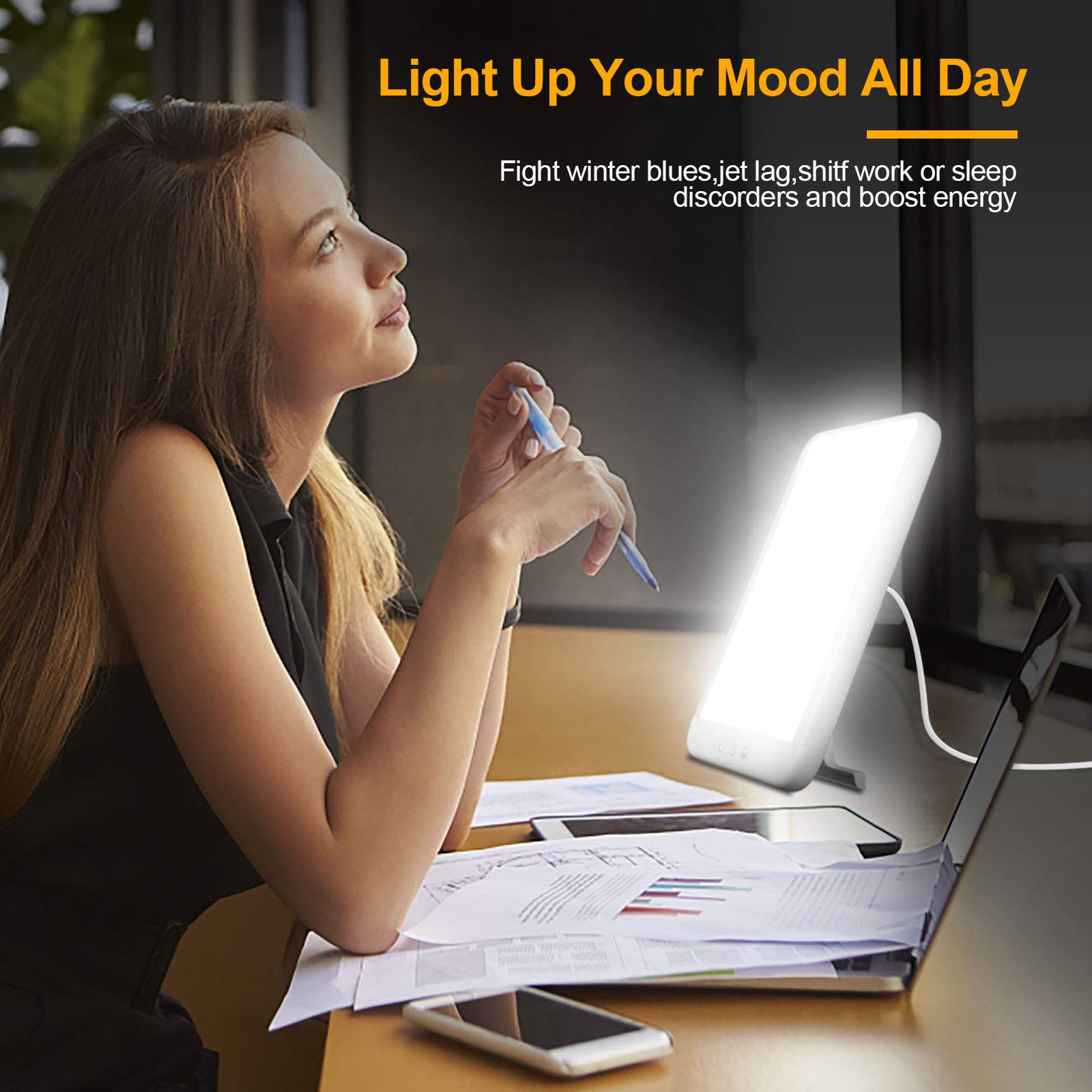 Tageslichtlampe, Therapielampe 10.000 Lux, Sonnenlicht mit 4 Timer-Einstellungen, UV-freies Sonnenlicht mit variablem Standfuß, Helligkeit einstellbar