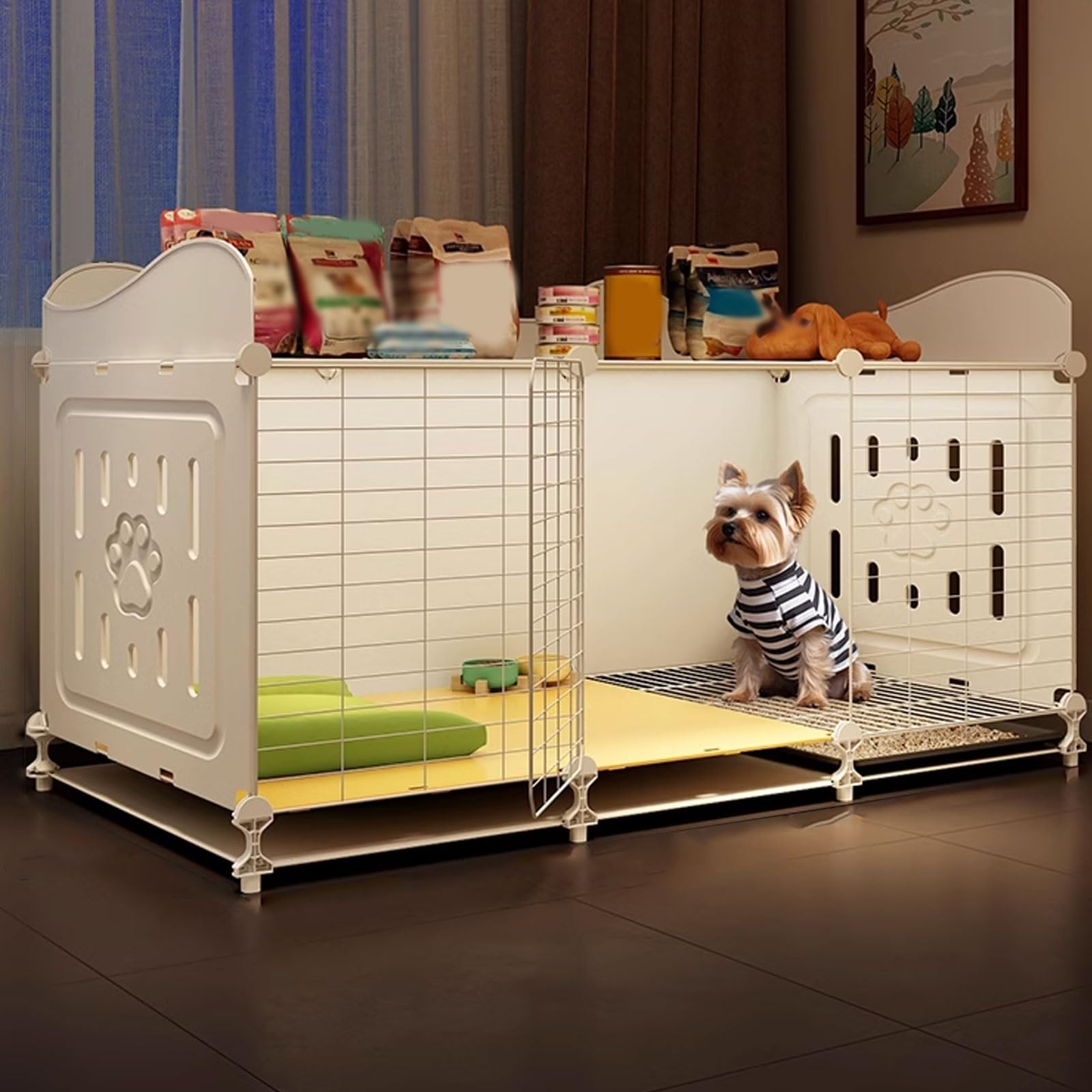 Jaula-Valla para Perros en Casa 70-105x45x61cm | con Puerta Bloqueable, Almacenamiento Superior + Zona Sanitaria | Instalación Sin Taladro, Estructura PP y Hierro(105 * 45 * 61CM)