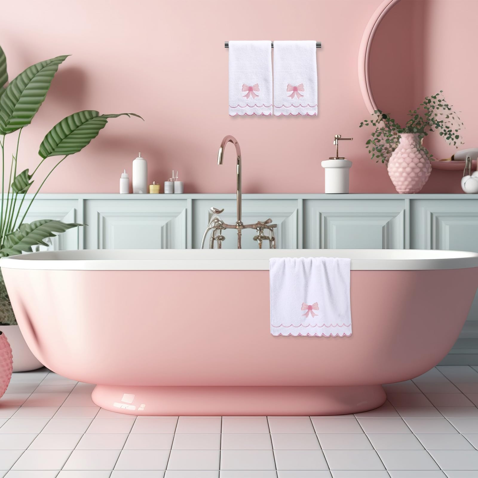 Hahafelt 2 Toallas de Mano festoneadas 100% algodón para baño, 15.75 x 27.56 Pulgadas, 500 g/m², Lindas y absorbentes Bordadas para Hotel, SPA, Deporte, Yoga (Rosa, Lazo)