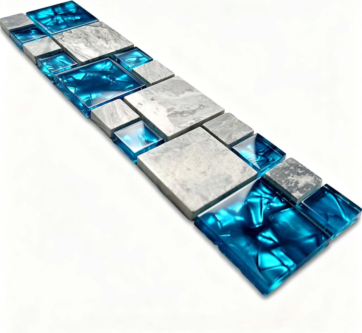 Teal Blue Glass and Gray Stone Mosaic Kitchen Tile Sample | Water Resistant Polished Finish for Backsplash, Shower Wall, Bathroom Accent & Fireplace Surround