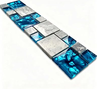 Teal Blue Glass and Gray Stone Mosaic Kitchen Tile Sample | Water Resistant Polished Finish for Backsplash, Shower Wall, Bathroom Accent & Fireplace Surround