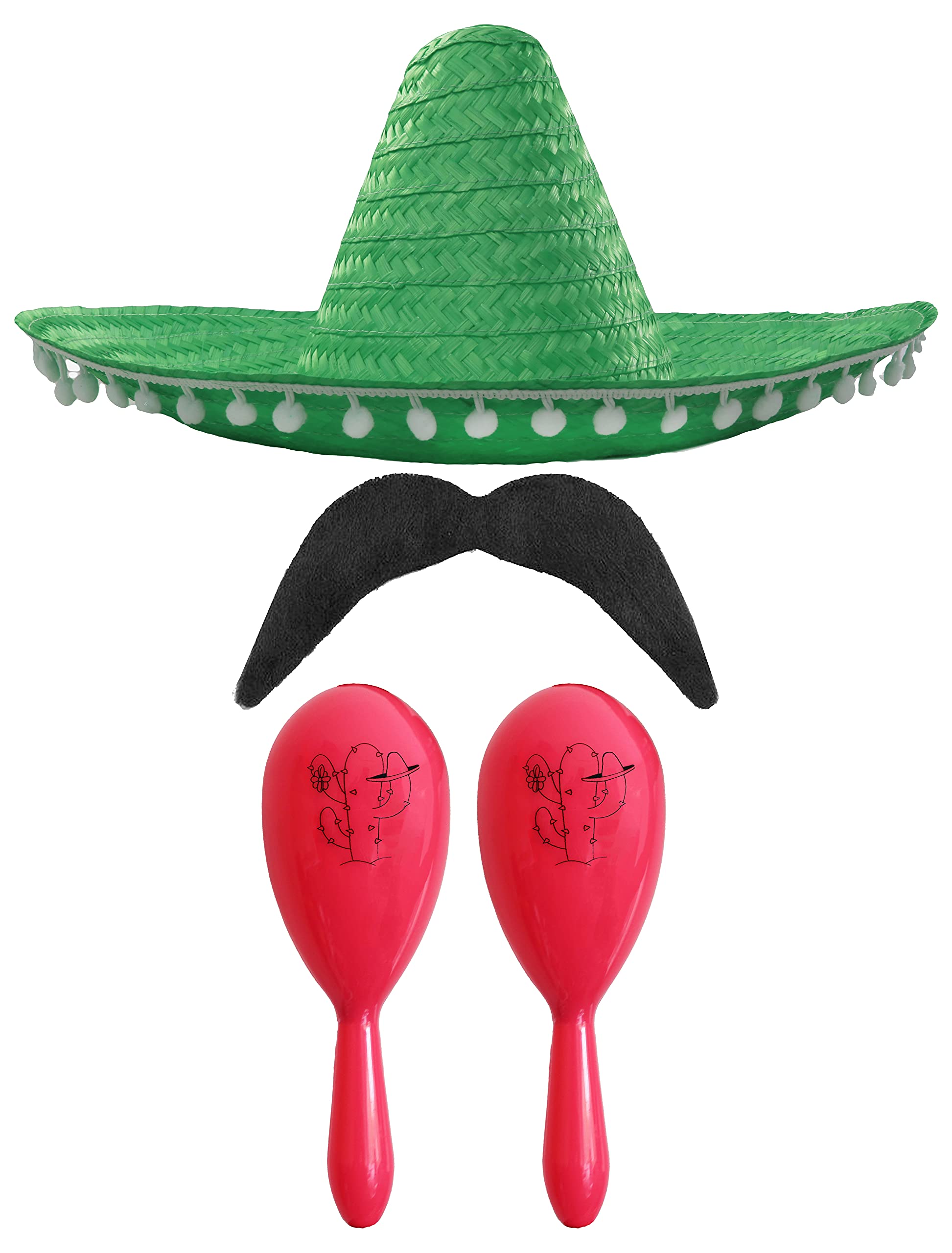 Adults Mexican Accessory Set - Green Mexican Sombrero, Pink Maracas, Moustache - Mexican Cinco de Mayo Sensorita Bandit Mariachi Fancy Dress Costume Accessory Set