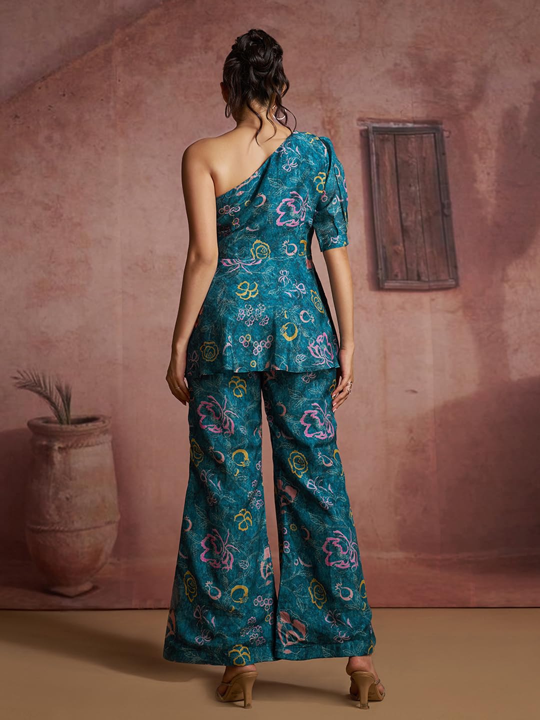FUSIONIC Teal Floral One-Shoulder Peplum Top and Pants Set 3