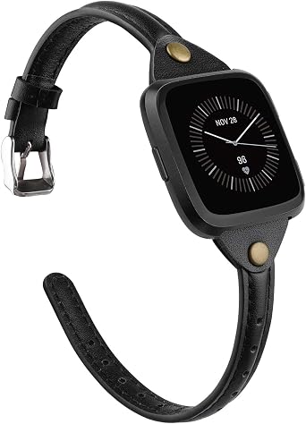 TOYOUTHS Slim Strap Compatible with Fitbit Versa 2/Versa/Lite/Special Edition Bands for Women Men Thin Genuine Leather Replacement Wristbands Handmade Watch Band, Black