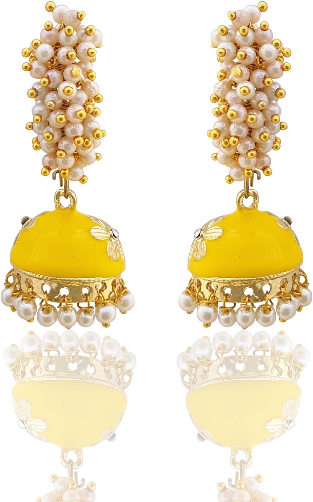 Golden Meenakari Jhumkas With White Pearls For Women (Green)