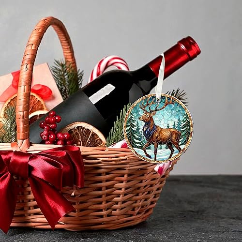 Miniatura 7 de Adorno de ciervo de vidrieras  Elegante decoración de árbol de Navidad de reno con escena del bosque, vida silvestre para amantes de la naturaleza o