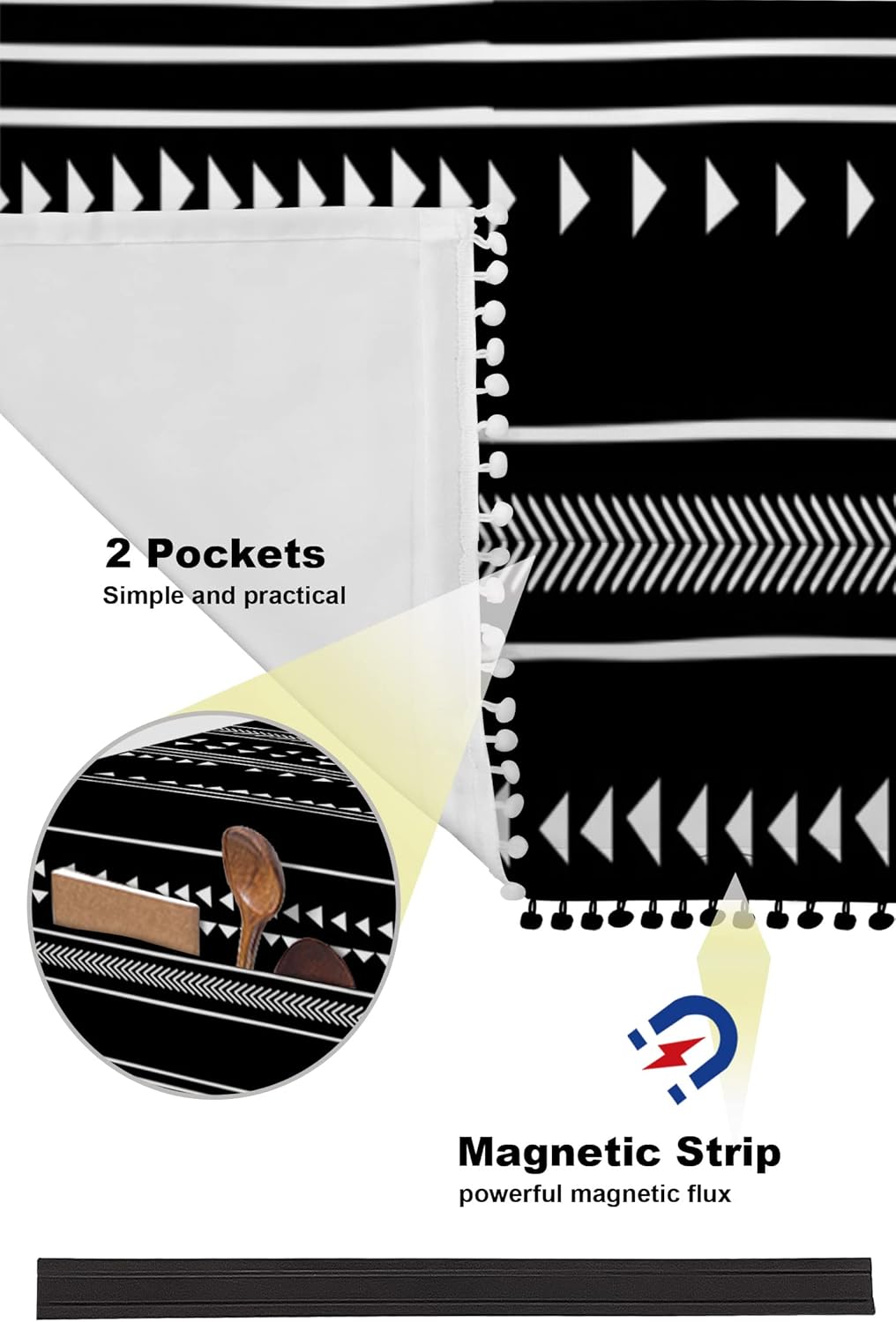 Table Cloth Fridge Dustproof Cover with Pockets Boho Black White Tablecloth Wardrobe Refrigerator Protector Geometric Stripes Tablecover Top Machine Furniture Dustcover 28x67in