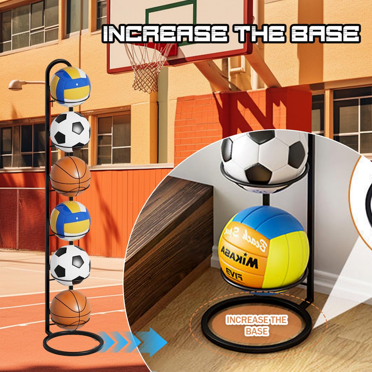 Support Ballon Foot à 6 Niveaux, Rangement Ballon Vertical, Support Ballon Basket en Métal, Porte Ballon Amovible pour Football, Basketball, Volley-Ball et Rugby