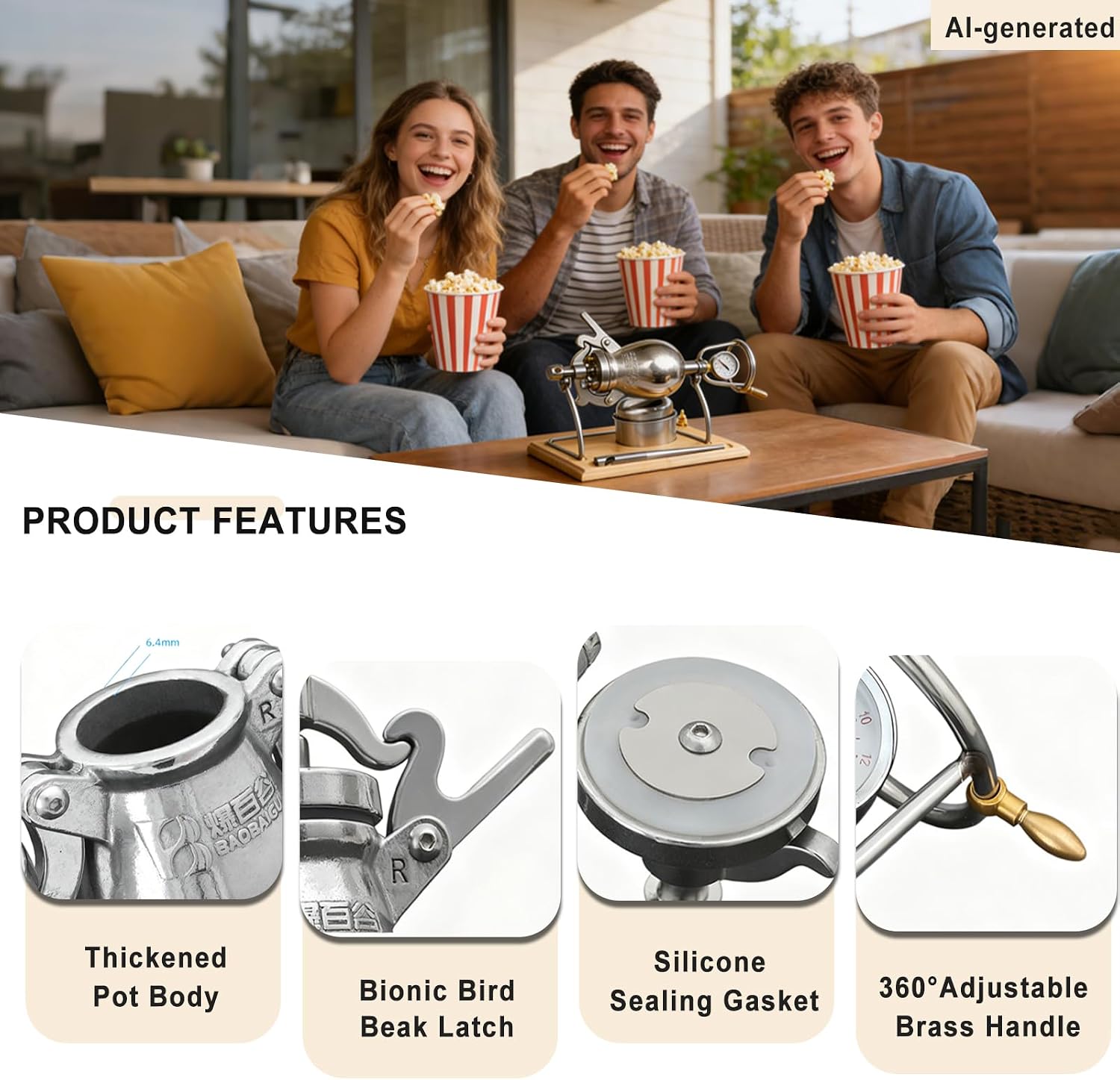 340ML Chinese Popcorn Maker, 304 Stainless Steel Popcorn Cannon Machine image 4