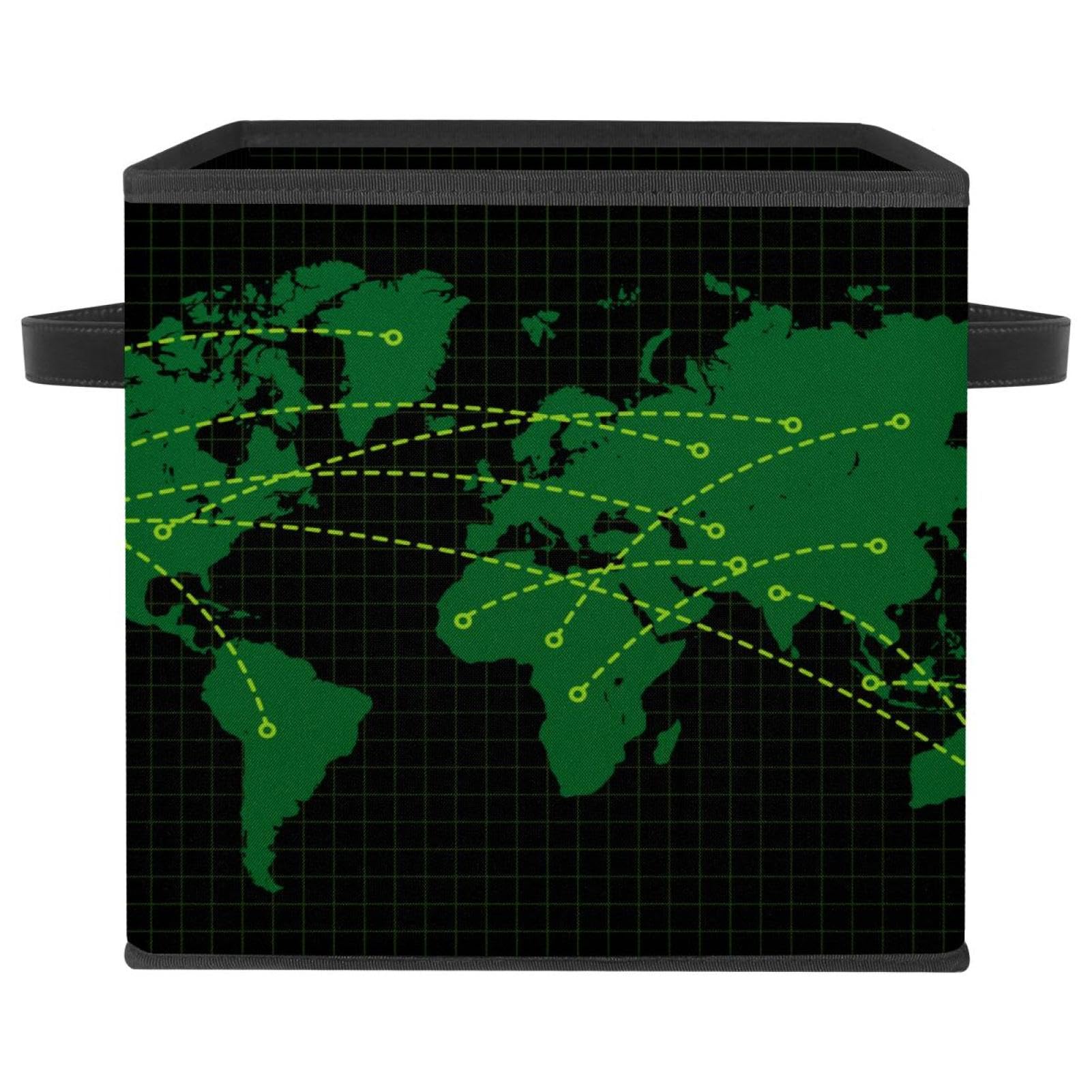 Boîte de rangement pliable cube en tissu vert foncé imprimé mappemonde pour placard