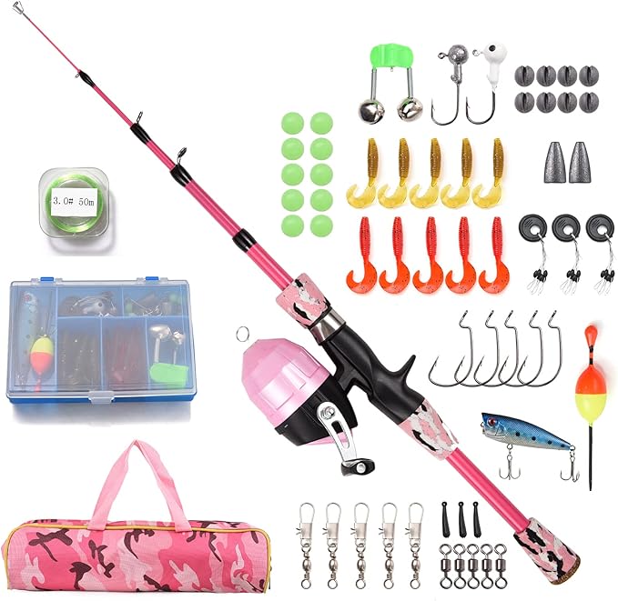 Lixada Fiskeset för barn, fiskespöset för barn, startset för barn, 1,2 m/1,5 m/1,8 m teleskopfiskespö med fiskerulle och beteset, fisketillbehör för barn