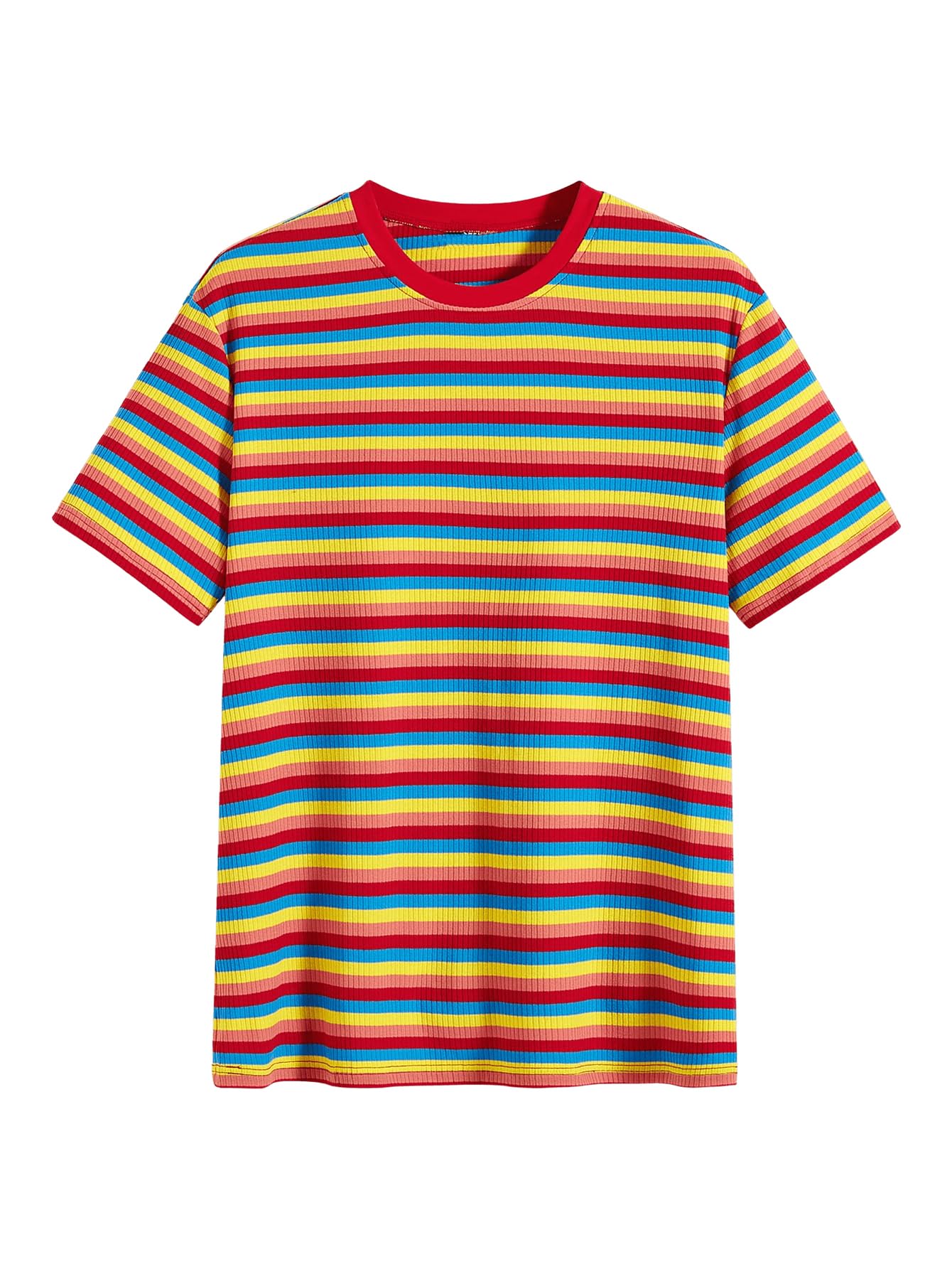 Floerns Maglietta girocollo da uomo a righe arcobaleno a maniche corte a costine