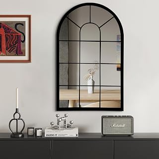 HQiJun Black Arched Farmhouse Window Mirror - 31.5x20 Decorative Wall Mirror for Living Room, Bedroom, Entryway, Bathroom