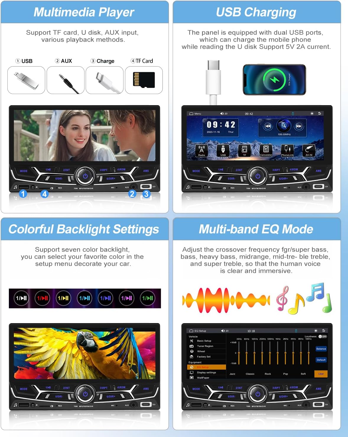 Car stereo display showing the FM radio interface with frequency 108.00 MHz selected.