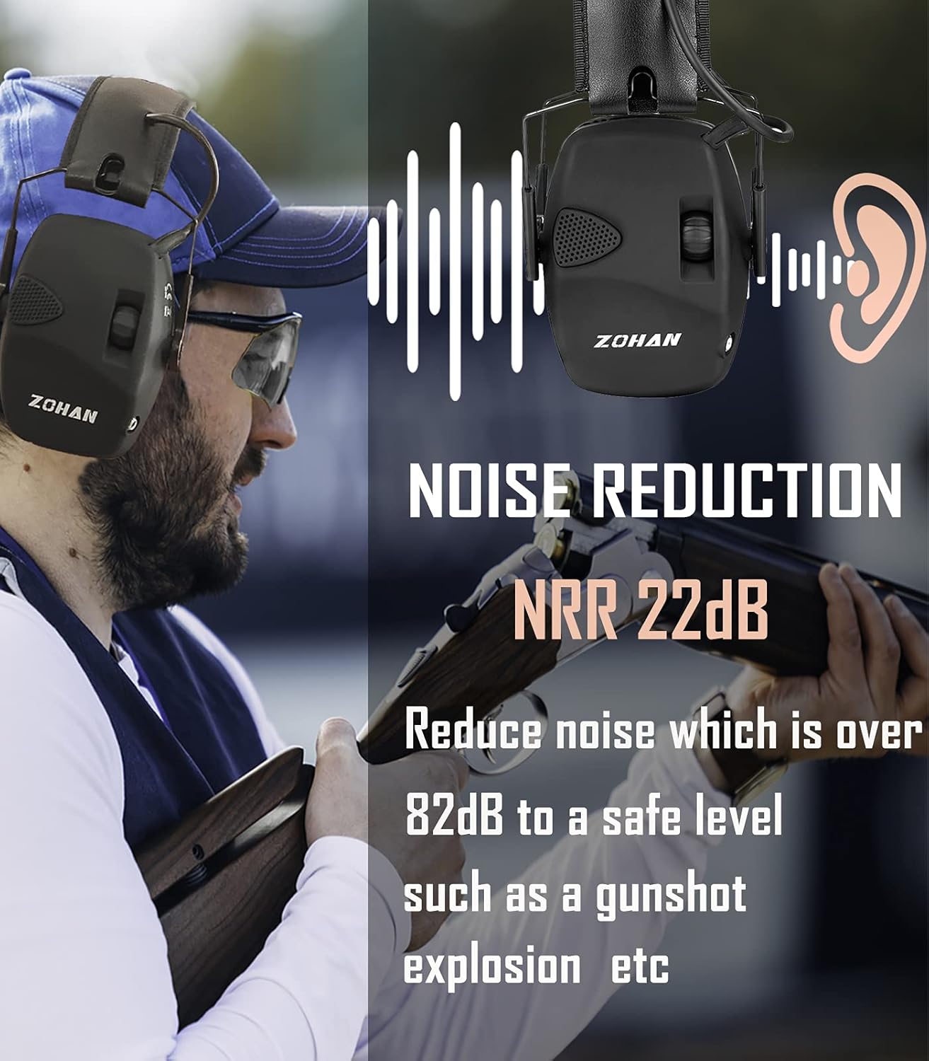ZOHAN EM054 Electronic Shooting ear and eye protection Set, Glasses, Protective Case, Noise Reduction Sound Amplification Safety Earmuffs for Gun Range-Black - - 
