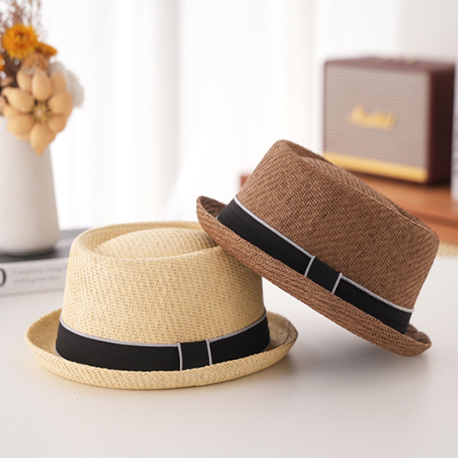 HEYANN Sombrero de paja de Pork Pie de Cerdo, Sombrero Fedora de Pie de Cerdo, 58 cm, Sombrero de Verano para Hombres y Mujeres, Sombrero Clásico