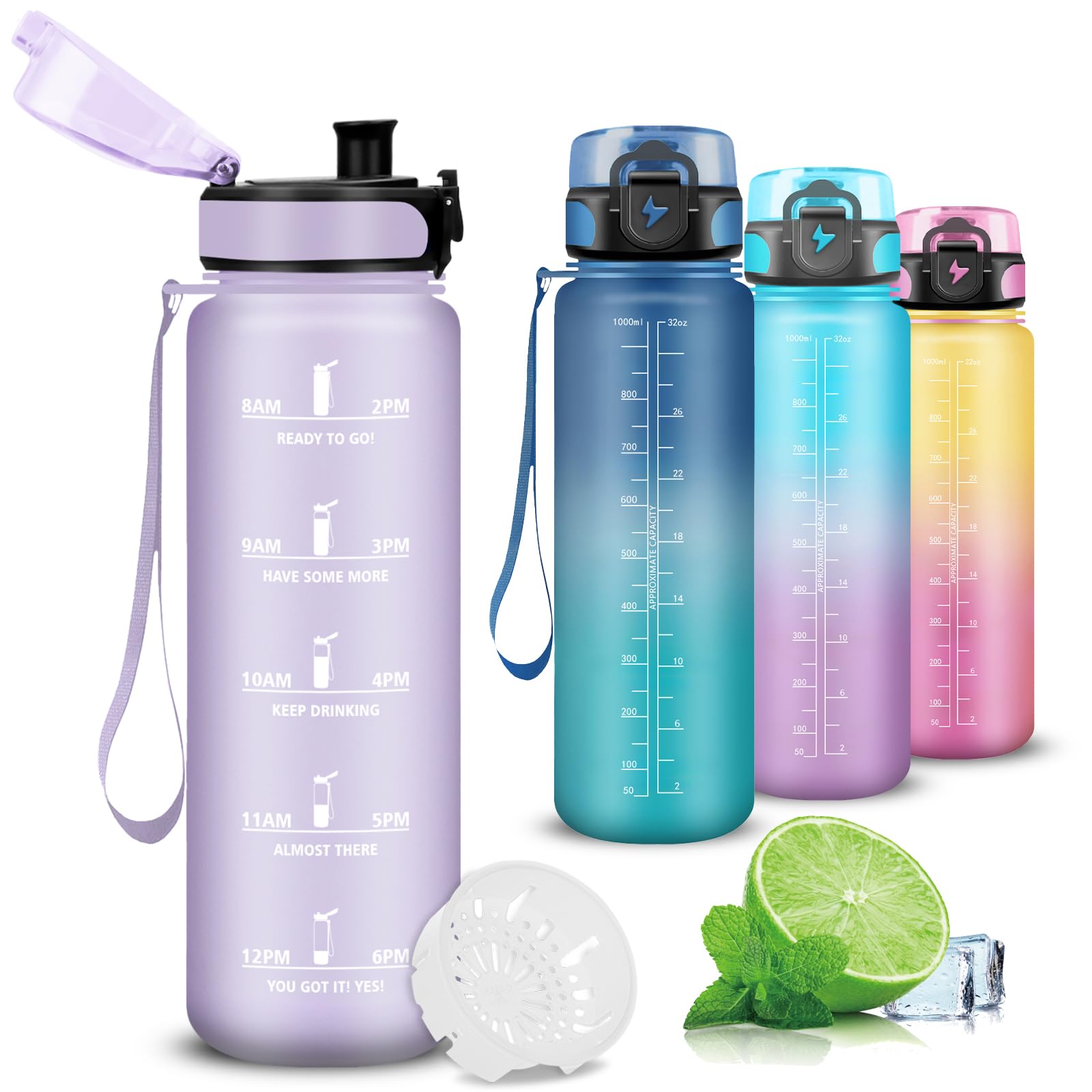 Mujigaga Boys Ty-Purple Sports Water Bottle 1 Litre With Filter Water Bottle Leak-Proof With Time Marking Motivational Water Bottle For Hiking Gym Camping Triathlon Running