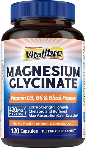 Glicinato de magnesio de 420 mg con vitamina D3 y B6 | Suplemento de magnesio quelado y tamponado | Alta absorción para nervios, huesos, corazón,