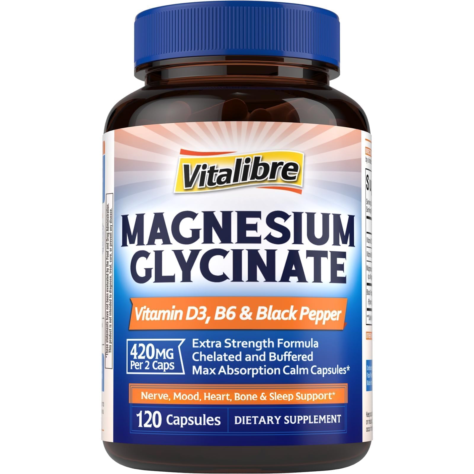 Vitalibre Magnesium Glycinate 420mg with Vitamin D3 B6, 120 Vegan Capsules 120 Count (Pack of 1)