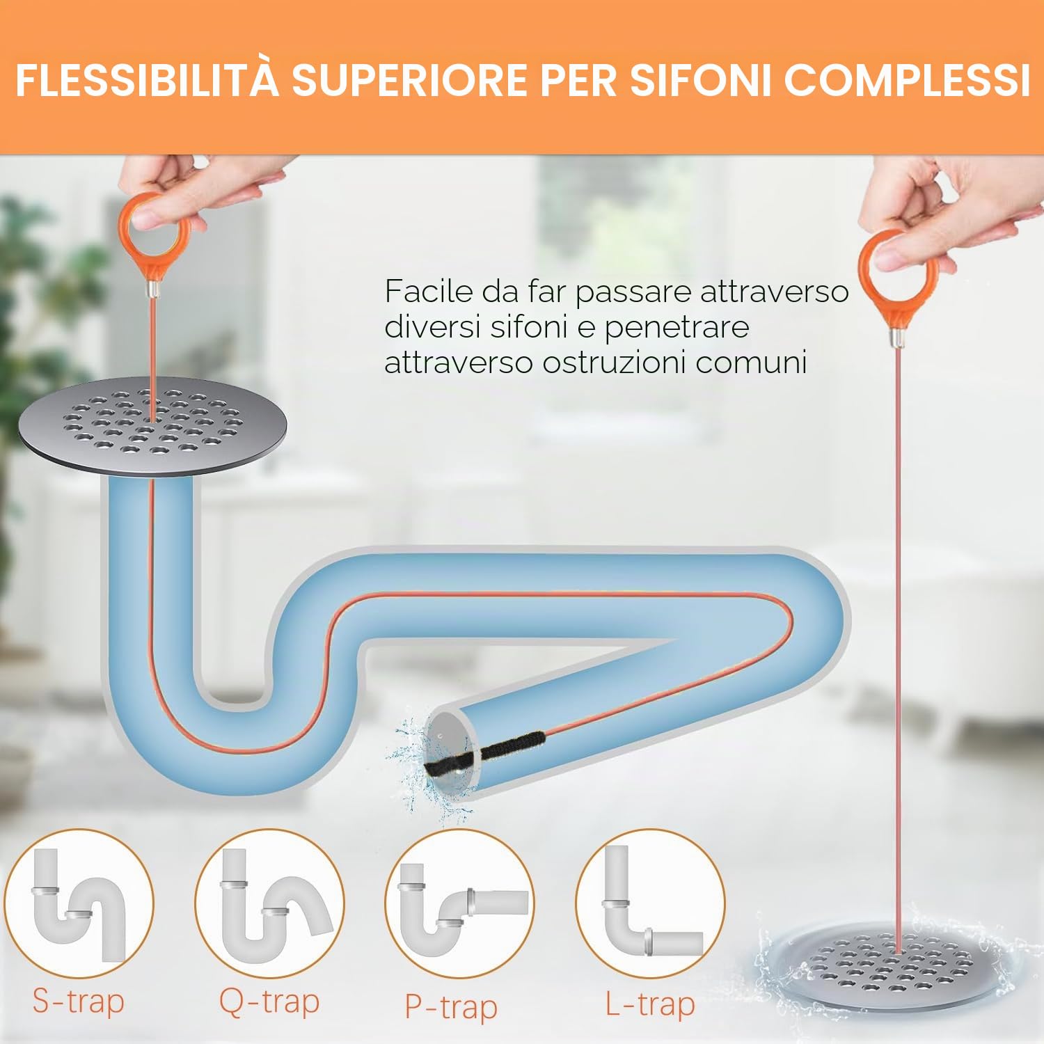 Set da 7 Stura Lavandini e Scarichi, Strumento di Rimozione dei Capelli a Serpente da 76 cm + Spazzola Per Pulizia Flessibili da 150 cm Pulitore per Lavandini, Docce, Vasche e Tubi