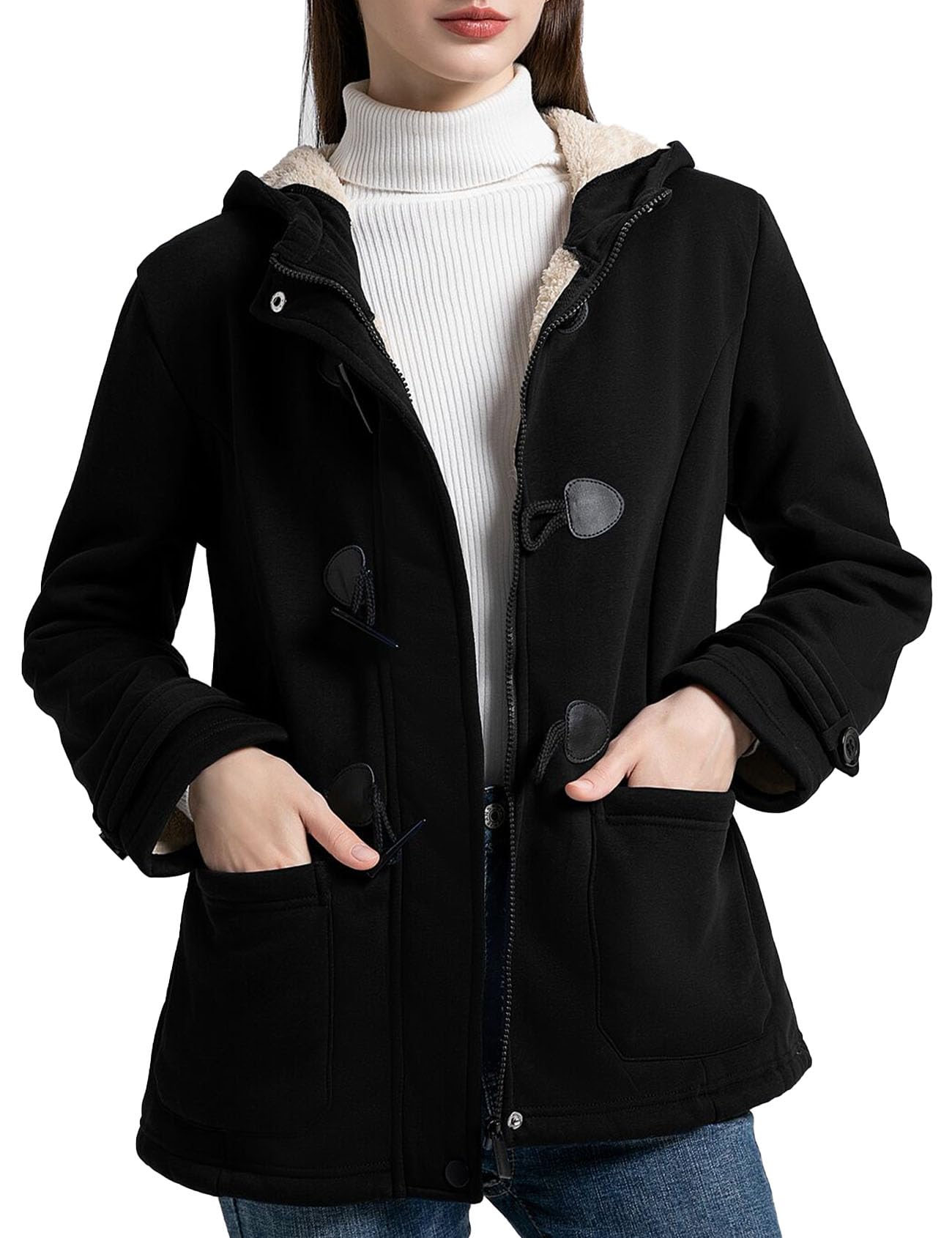Flygo Sherpa Lined Winter Jackets for Women Fleece Hoodie Jacket Warm Fall Winter Toggle Duffle Coats