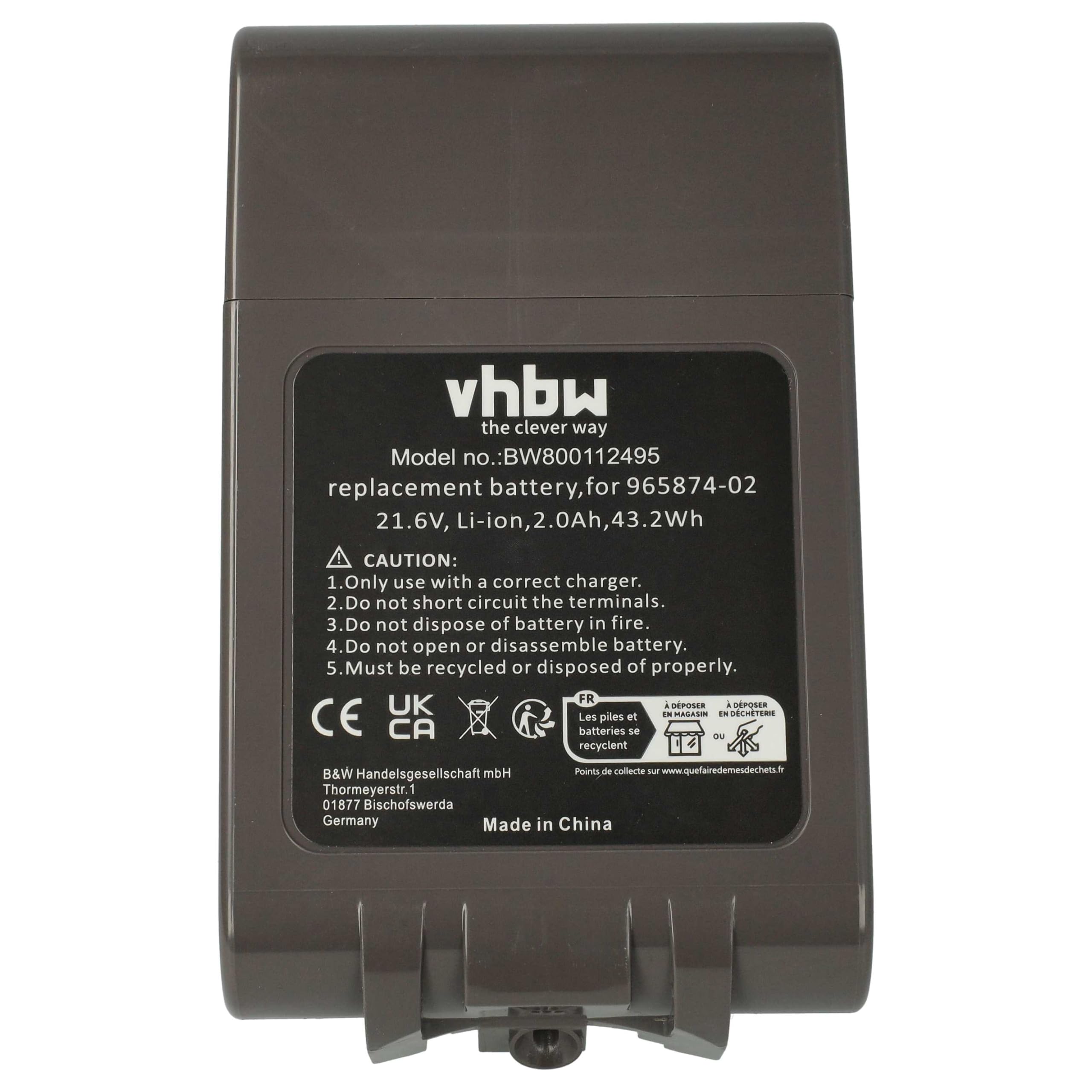 vhbw batteria compatibile con Dyson SV09, SV07, SV07 Animal Pro+, SV09 Total Clean, SV06, SV06 Fluffy aspirapolvere (2000mAh, 21,6V, Li-Ion)