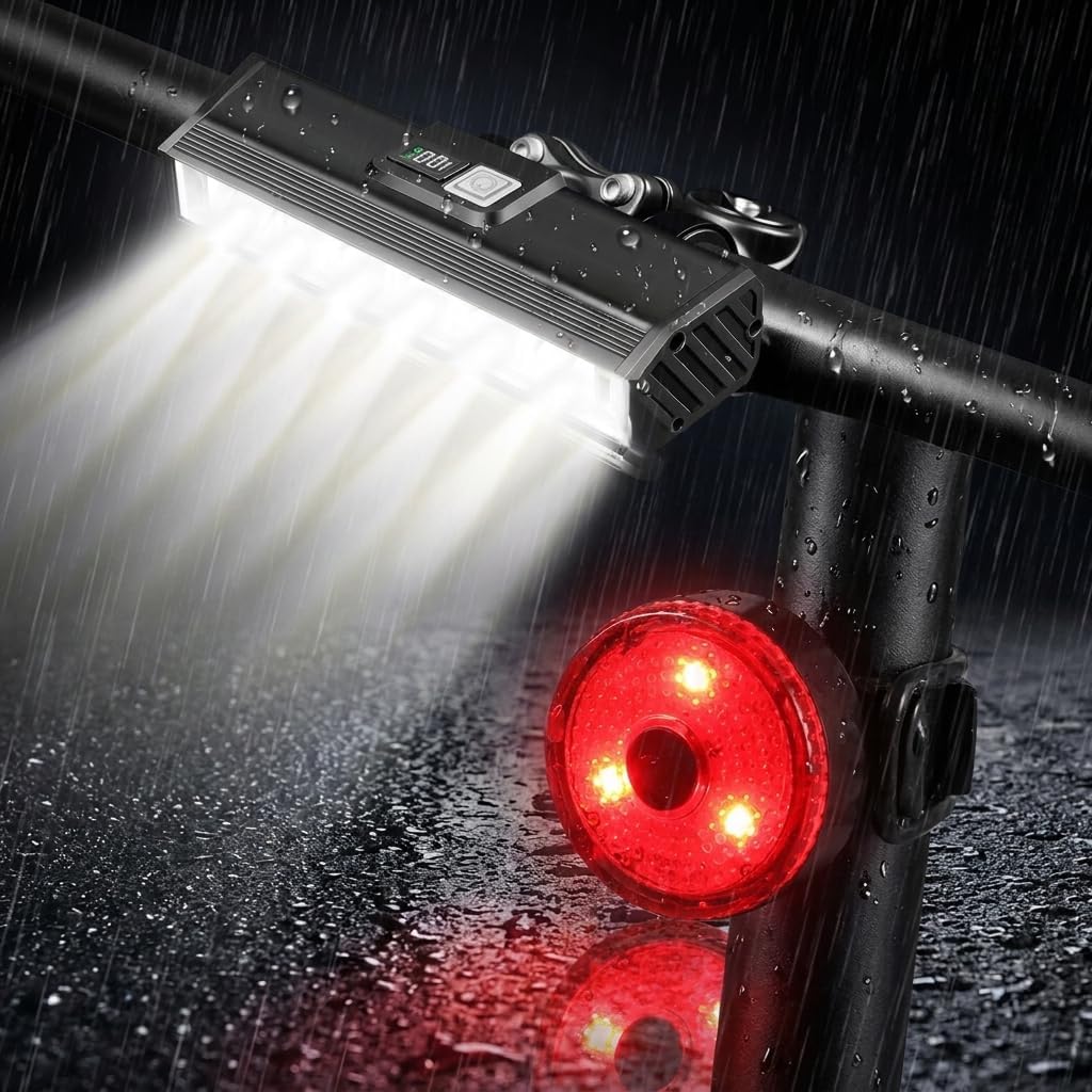 Super Bright Bike Lights for Night Riding, Dual-Row LED Bike Headlight, USB Rechargeable Bicycle Lights with LCD Dispaly, High Power Waterproof Bike Light Front and Back for Cycling Mountain Road