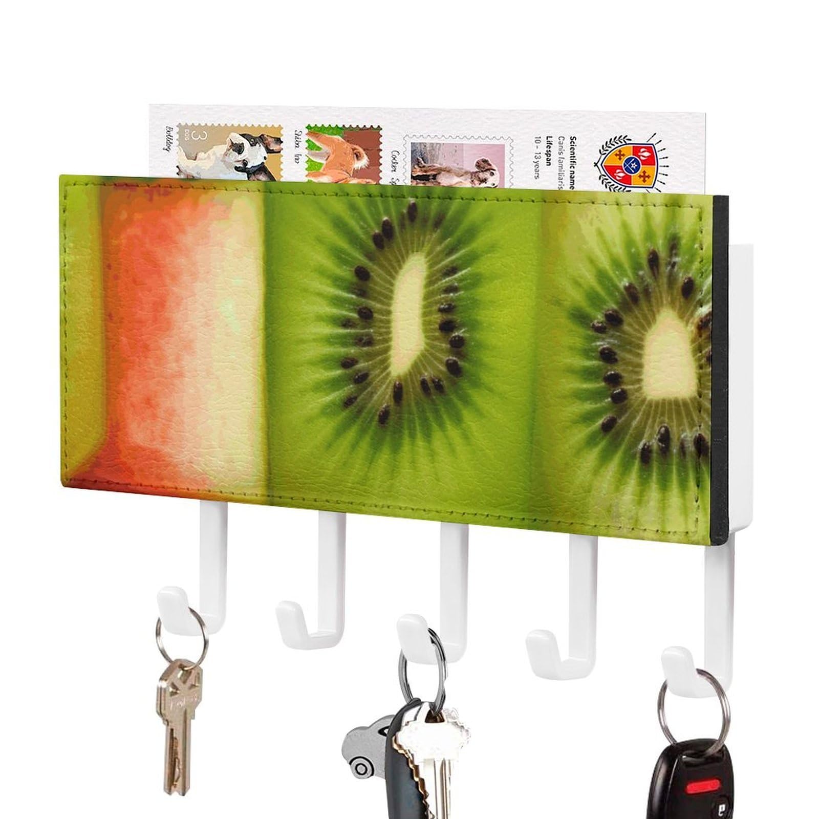 JTREHY Kiwi Watermelon Holder Wall-Mounted Key and Mail Holder,Key Rack with 5Keys Hooks, Easy to Install Mail Organizer for Entryway, Front Door, Hallway, Office