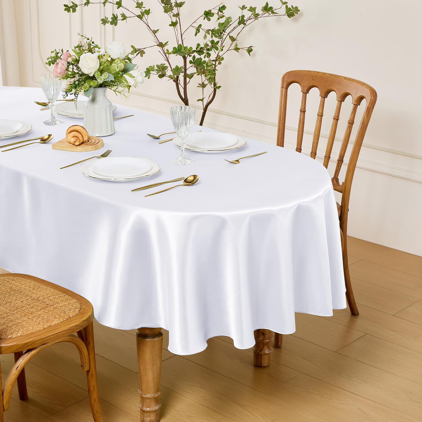 Entisn Oval Tablecloth 60 x 84 Inch, Made of White Satin Fabric, Suitable for 6-8 Seats, Wrinkle-Resistant and Easy-Clean Design Table Decoration for Wedding, Banquet, Kitchen, Indoor and Outdoor-image-11