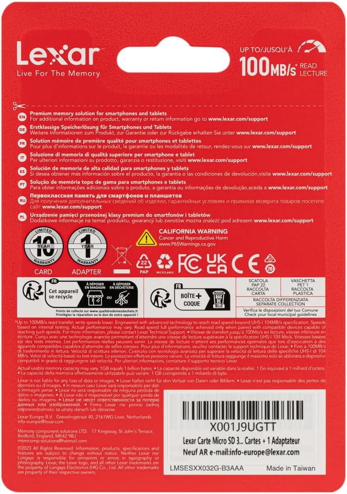 71tMp1FZsJL._AC_SL1500_ Lexar 32GB Micro SD Card, MicroSDHC Memory Card + SD Adapter, microSD Card Read Speed Up to 100MB/s, A1, U1, C10, V10, TF Card Pack of 3 Cards + 1 Adapter