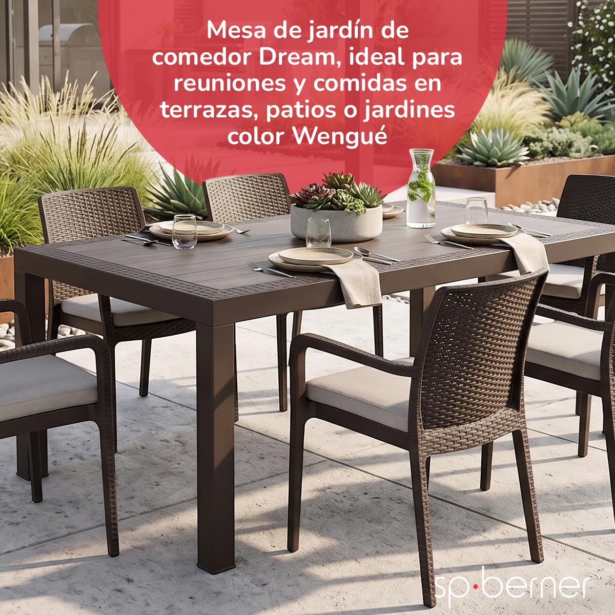 Shaf – Mesa Dream de Jardín y Terraza 140 cm – Mesa de Exterior e Interior – Plástico Reciclado Resistente a Rayos UV – No Requiere Montaje – Diseño Moderno – Color Wengue