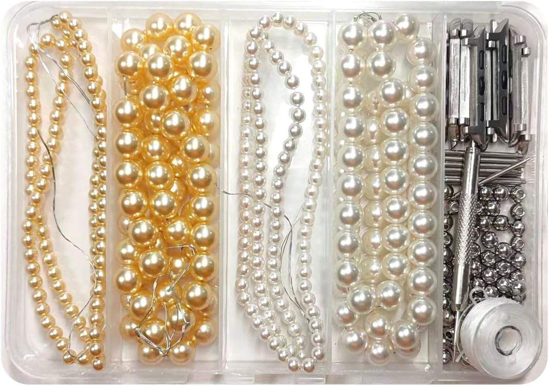 DIY Beaded Apple Watch Band Kit, Bling 60-inch Imitation Pearl Charm Bracelet, 5 Connectors, White and Gold (42mm(Series 10)/41mm/40mm)