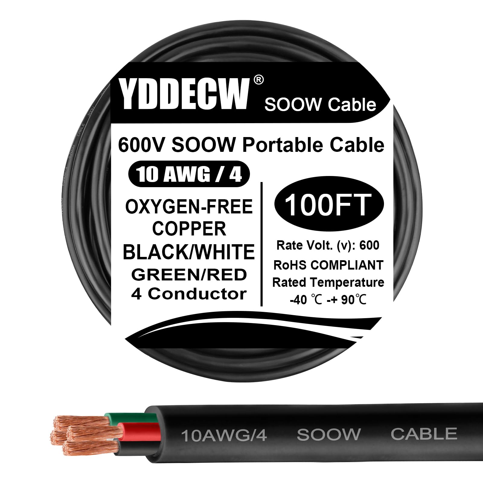 YDDECW 100ft 10/4 10 AWG Portable Power Cable (4 Conductor) - SOOW 600V 10 Gauge Electric Wire for Motor Leads, Portable Lights, Battery Chargers and