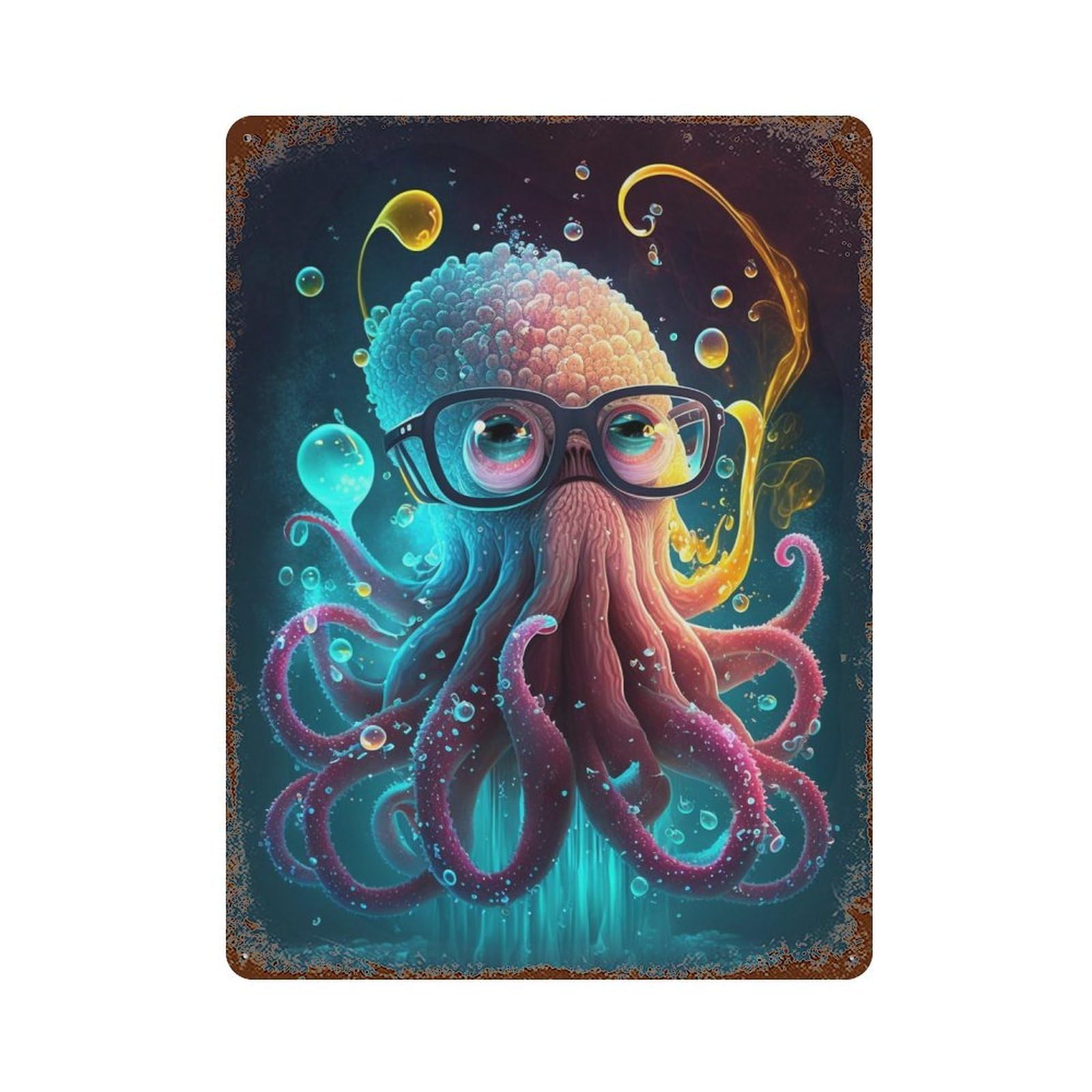 Rust Effect Colorful Octopus Art Print-2 Rustic Tin Plaque 15.7"x11.8", Industrial Home Decor for Bistro, Counter And Cafe Decor