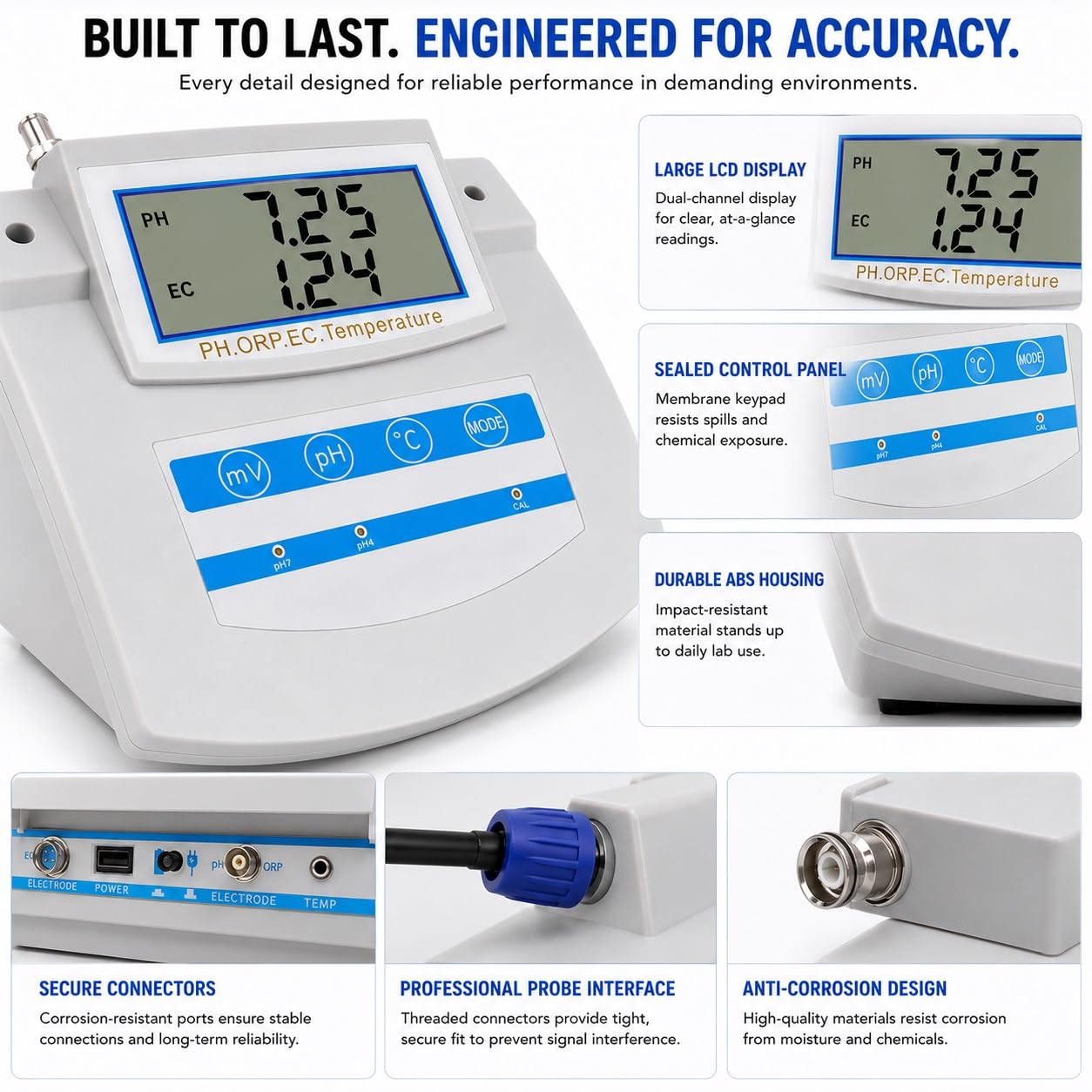 Analizzatore qualità Acqua da Banco 6 in 1 – Misuratore Industriale Multiparametrico PH ORP TDS EC CF Temperatura con ATC per Laboratorio, Controllo qualità E Monitoraggio Acqua di Processo