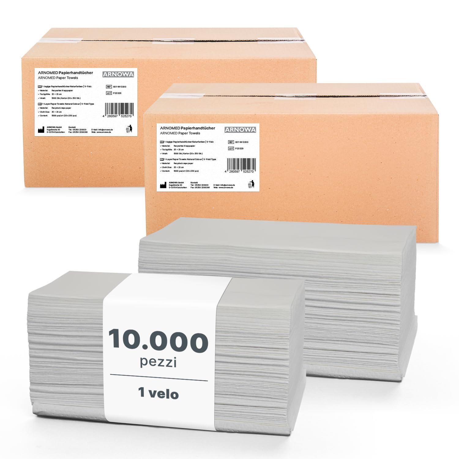 ARNOMED Asciugamani monouso 10.000 pezzi, Asciugamani usa e getta a 1 velo con piegatura a V, Carta da cucina 25x23cm, Carta mani per dispenser 20x250, Asciugamani carta monouso piegati