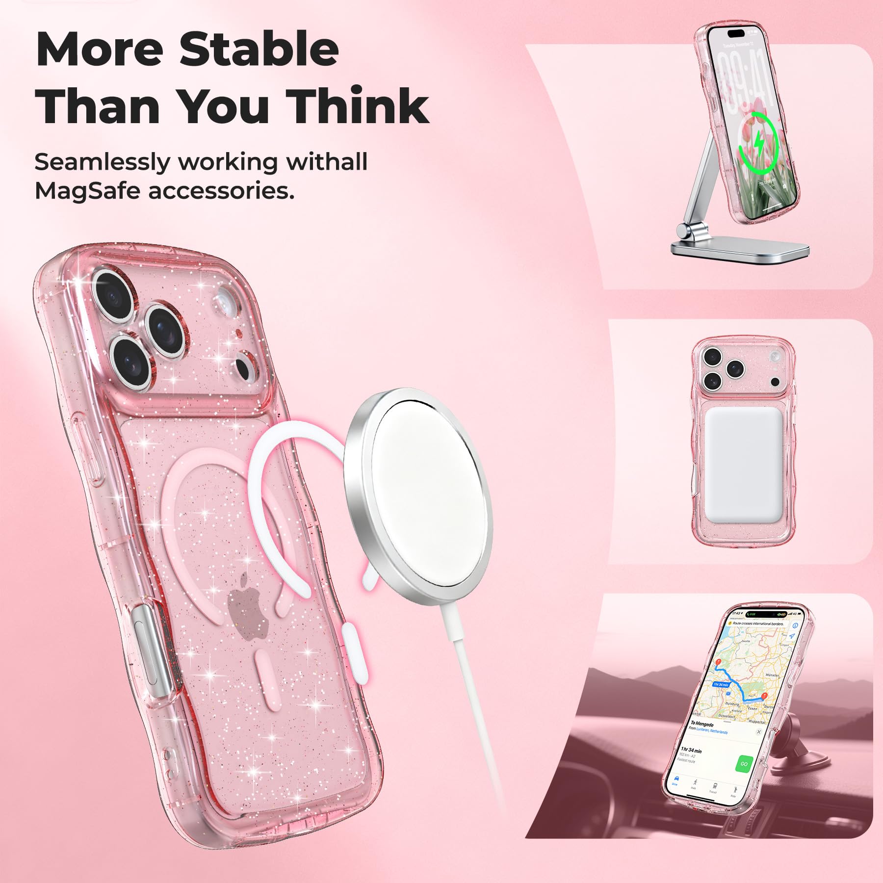 FABSPARK Glitzer-Schutzhülle für iPhone 17 Pro Max, passend für MagSafe, Rosa | Magnetischer gewellter Rahmen, glitzernder Glitzer, transparentes Acryl, harter PC für iPhone 17 Pro Max, Rosa