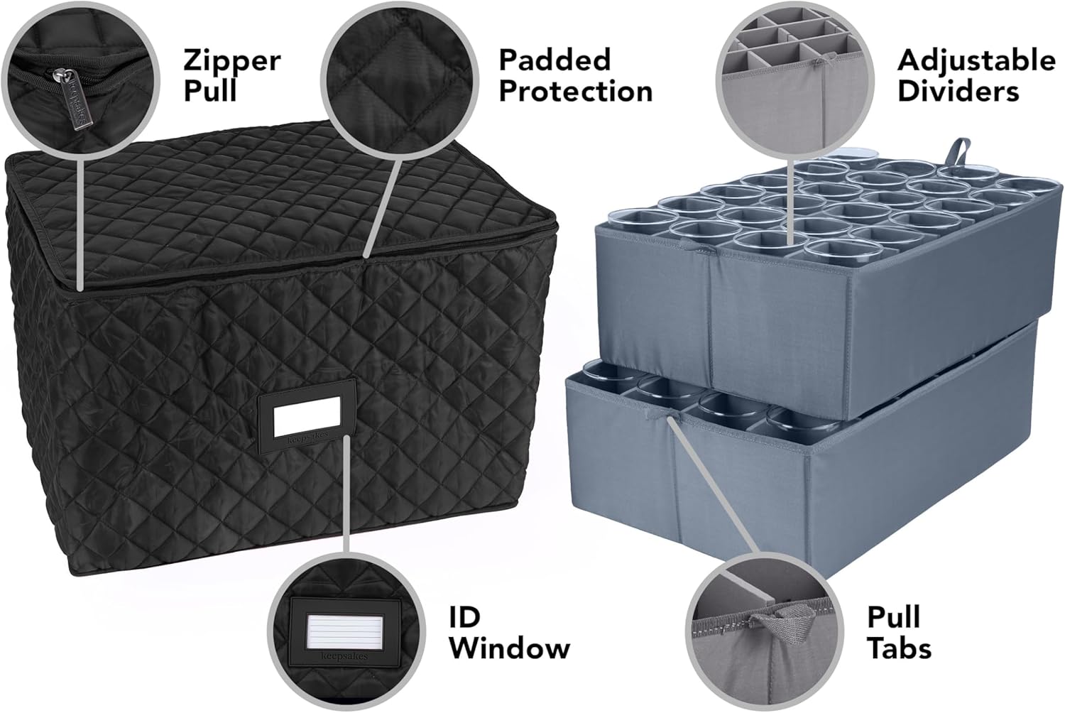 Covermates Adjustable Glassware Storage Container with FlexGrid Dividers, Padded Quilted Organizer for Wine Glasses & Stemware, Zipper Closure, ID Window, Stackable Storage, Black