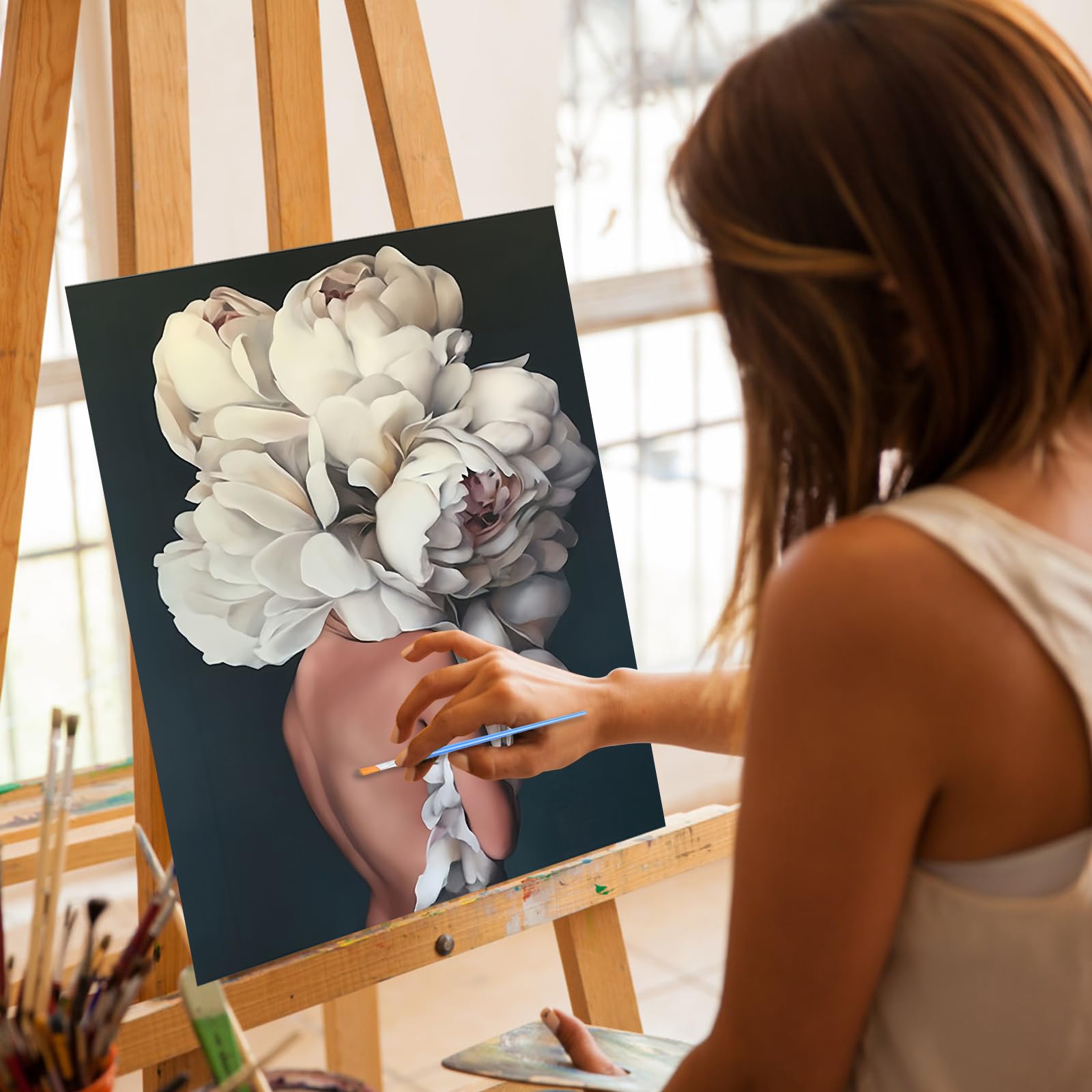 Kit Pintura Por Números 'Niña Y Flores' - Lienzo 40x50 Cm, Pinturas Acrílicas, Pinceles, Sin Marco, Para Adultos Y Niños