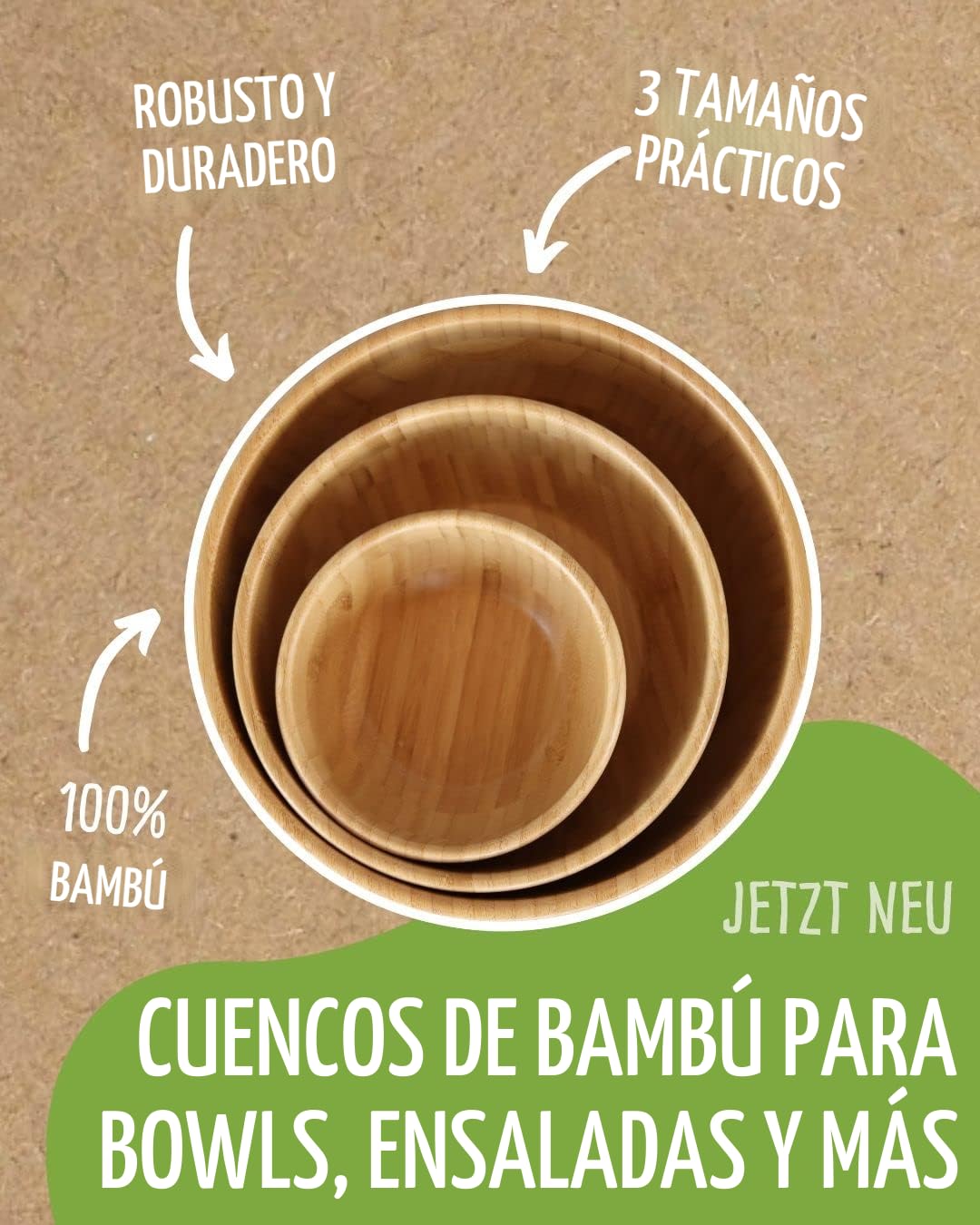 pandoo Cuencos de bambú, frutero, juego de cuencos para ensalada, vajilla de bambú, cesta de frutas, cuenco de madera, cuencos decorativos, juego de 3 (Ø 14/20/25 cm)