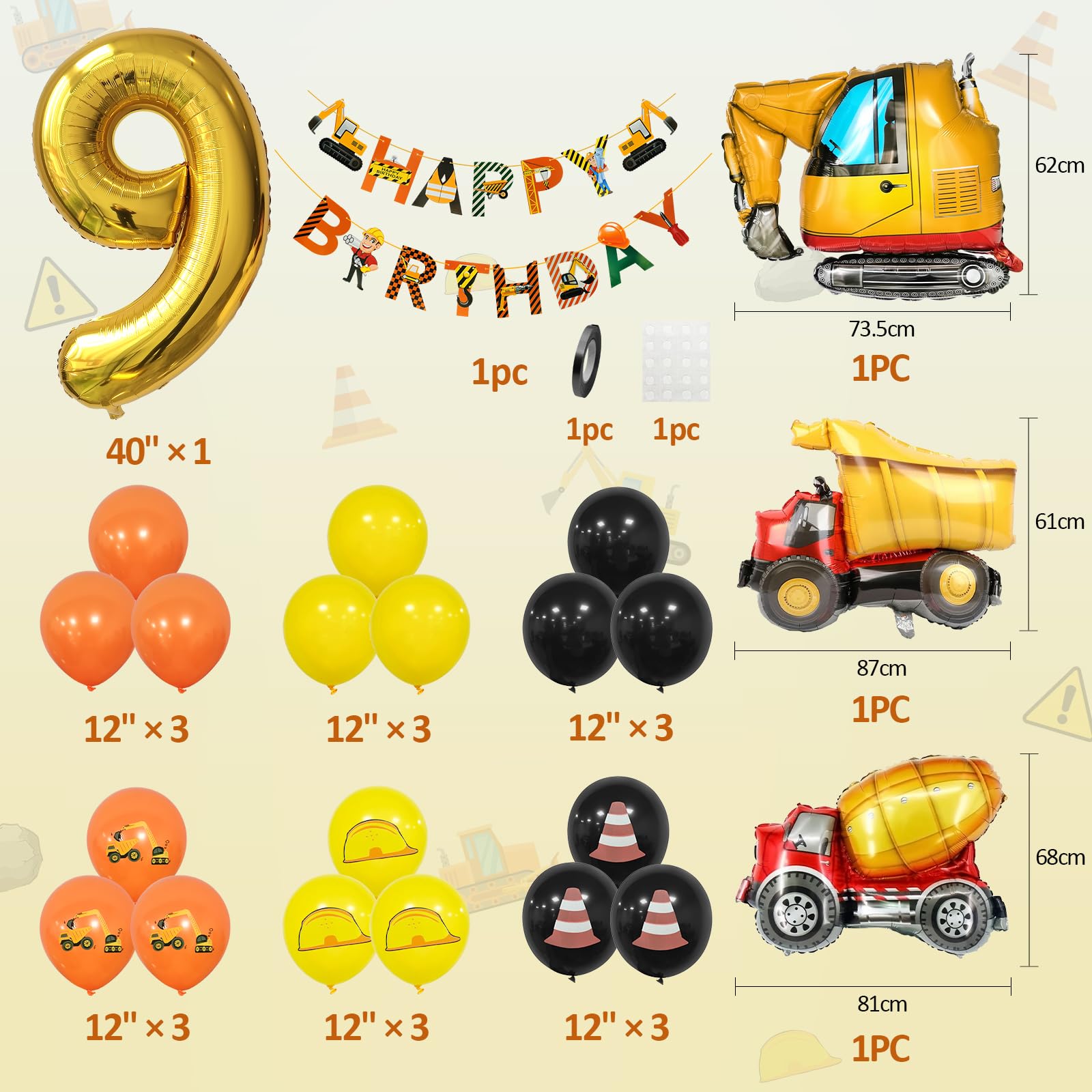 Decorazione Compleanno Escavatore 9 Anno, Ragazzo Bambini Palloncino Veicolo Cemento Camion Palloncini Oro Numero 9 Nero Giallo Arancione Palloncino Foil Buon Compleanno Banner Accessori Feste