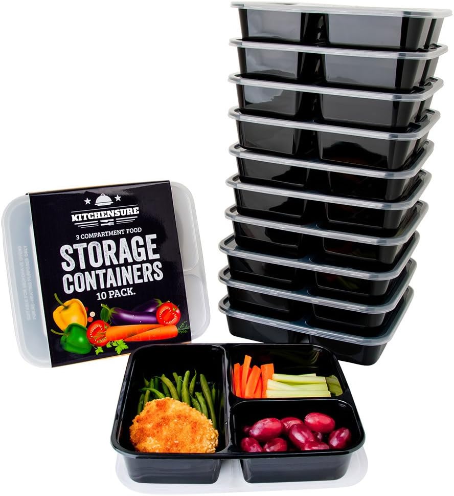 3 Compartment Meal Prep Containers 10 Pack with Lids From Kitchensure