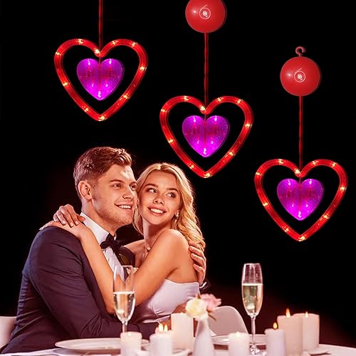 Miniatura 5 de Paquete de 3 luces LED de San Valentín para decoración del día de San Valentín con gancho de ventosa, funciona con pilas, luces LED de San Valentín
